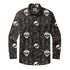 Black shirt with white skulls and floral pattern.