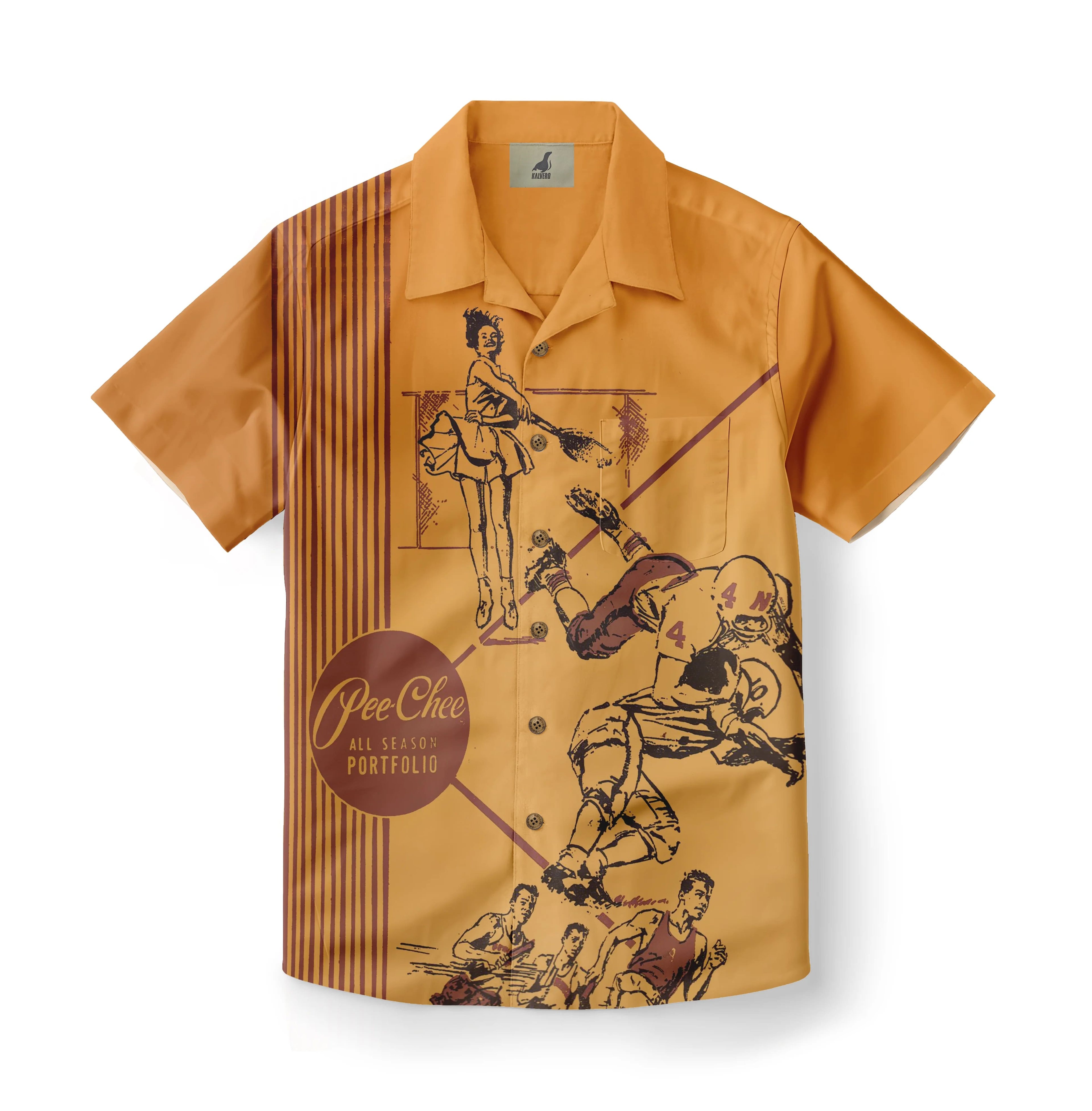 Orange short-sleeve shirt with vintage sports illustrations and "Pee.