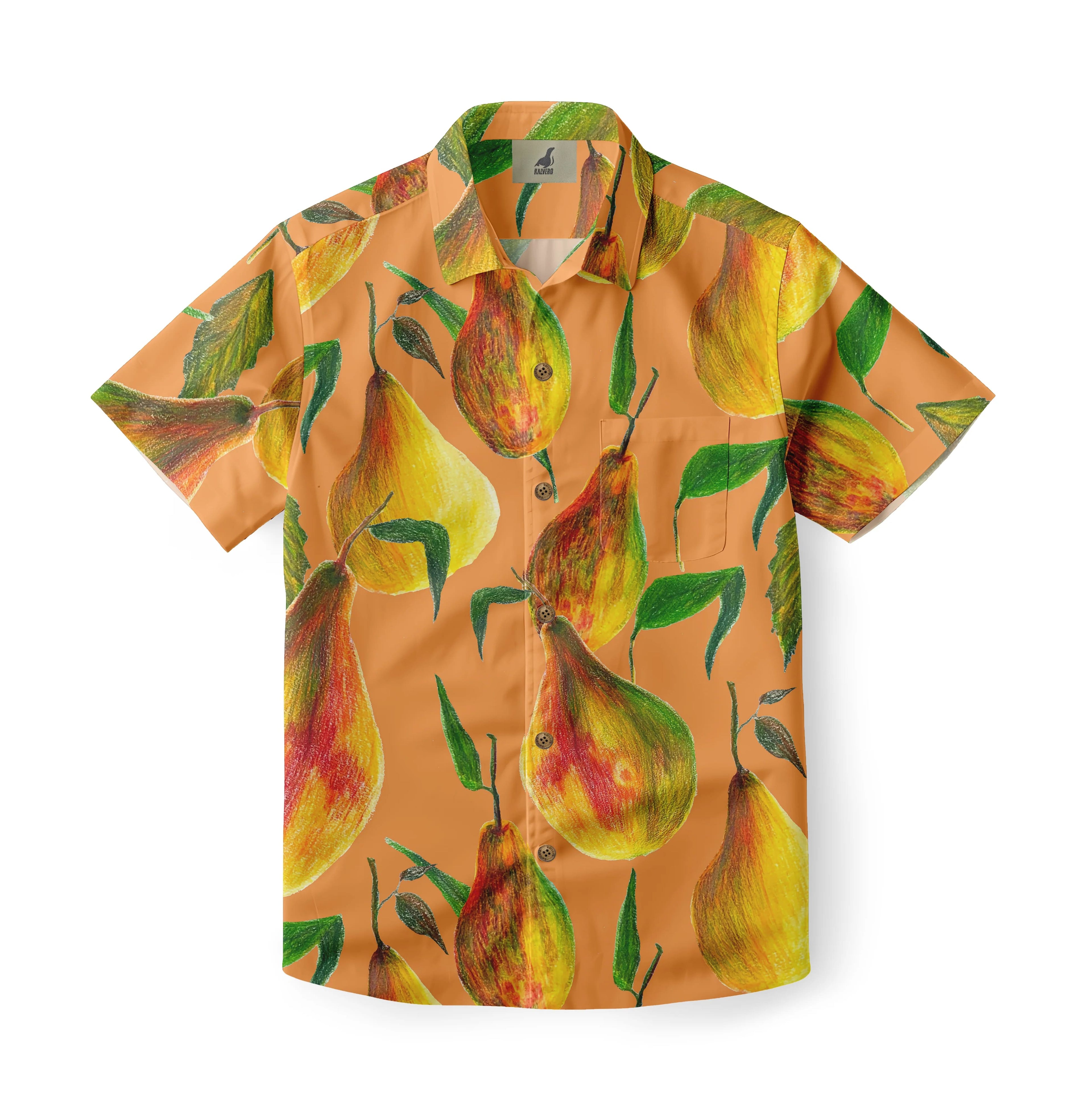 Orange short-sleeve shirt with pear and leaf print, button-down.