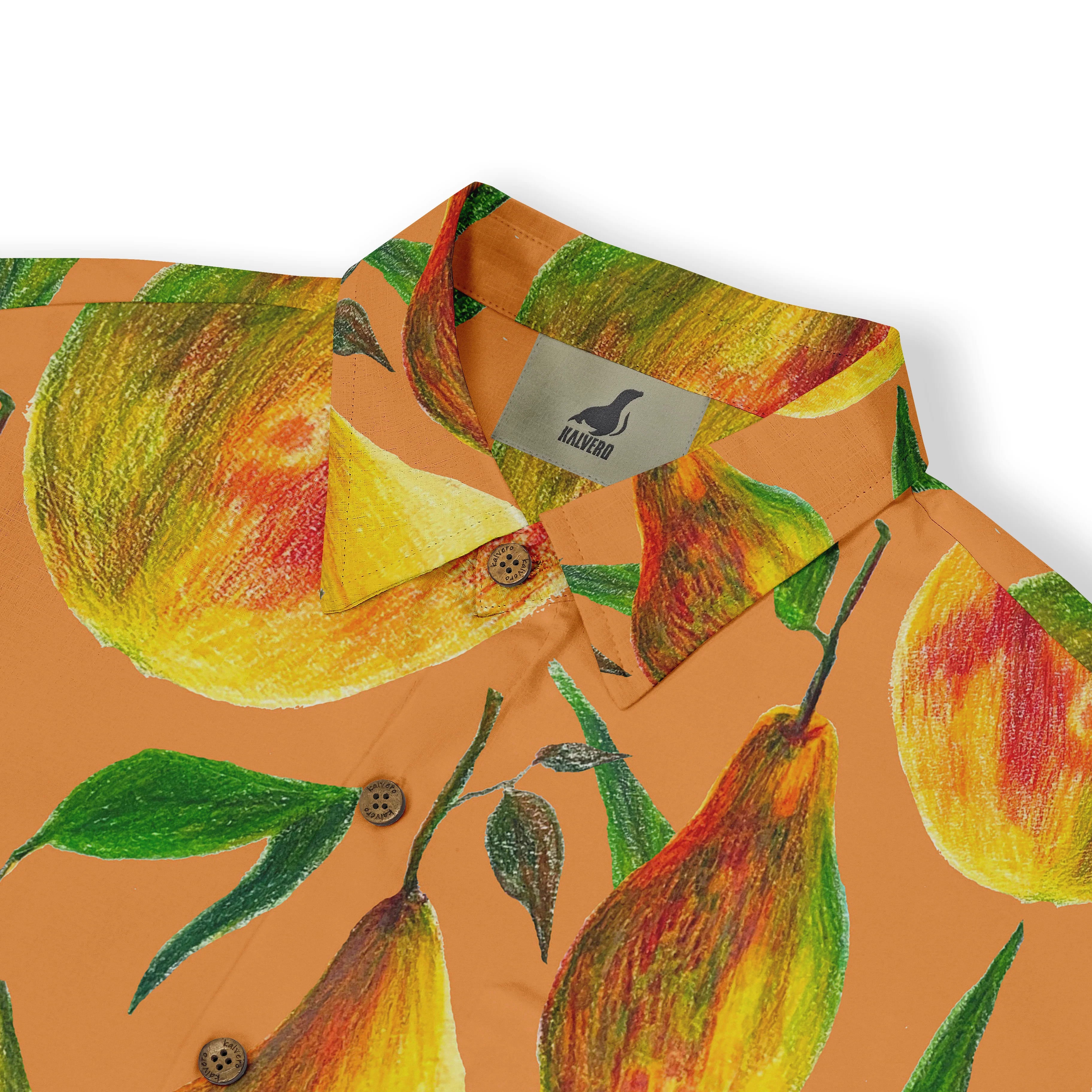 Vibrant orange shirt with colorful pear print, green leaves.