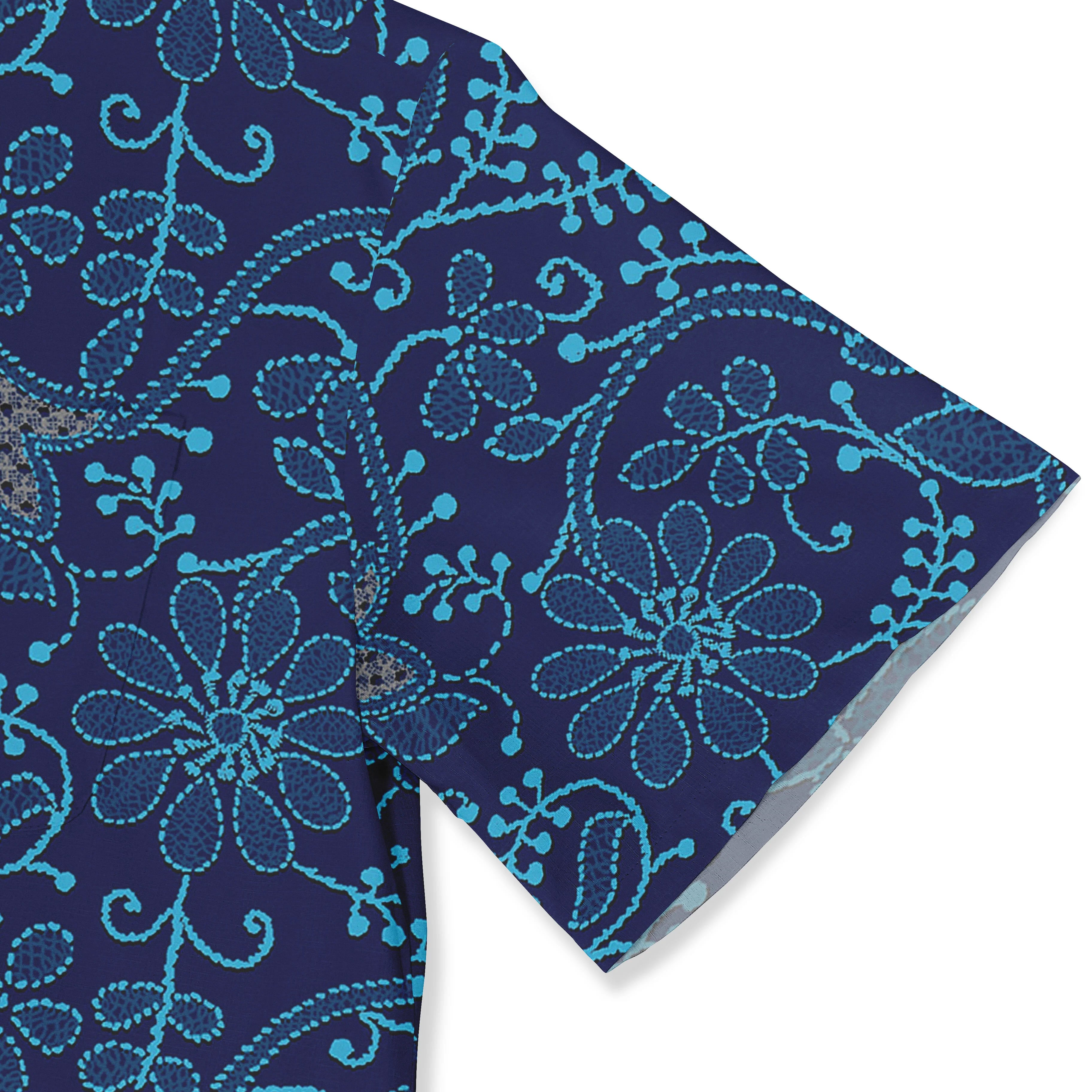 Navy blue fabric with turquoise floral and vine patterns, featuring.