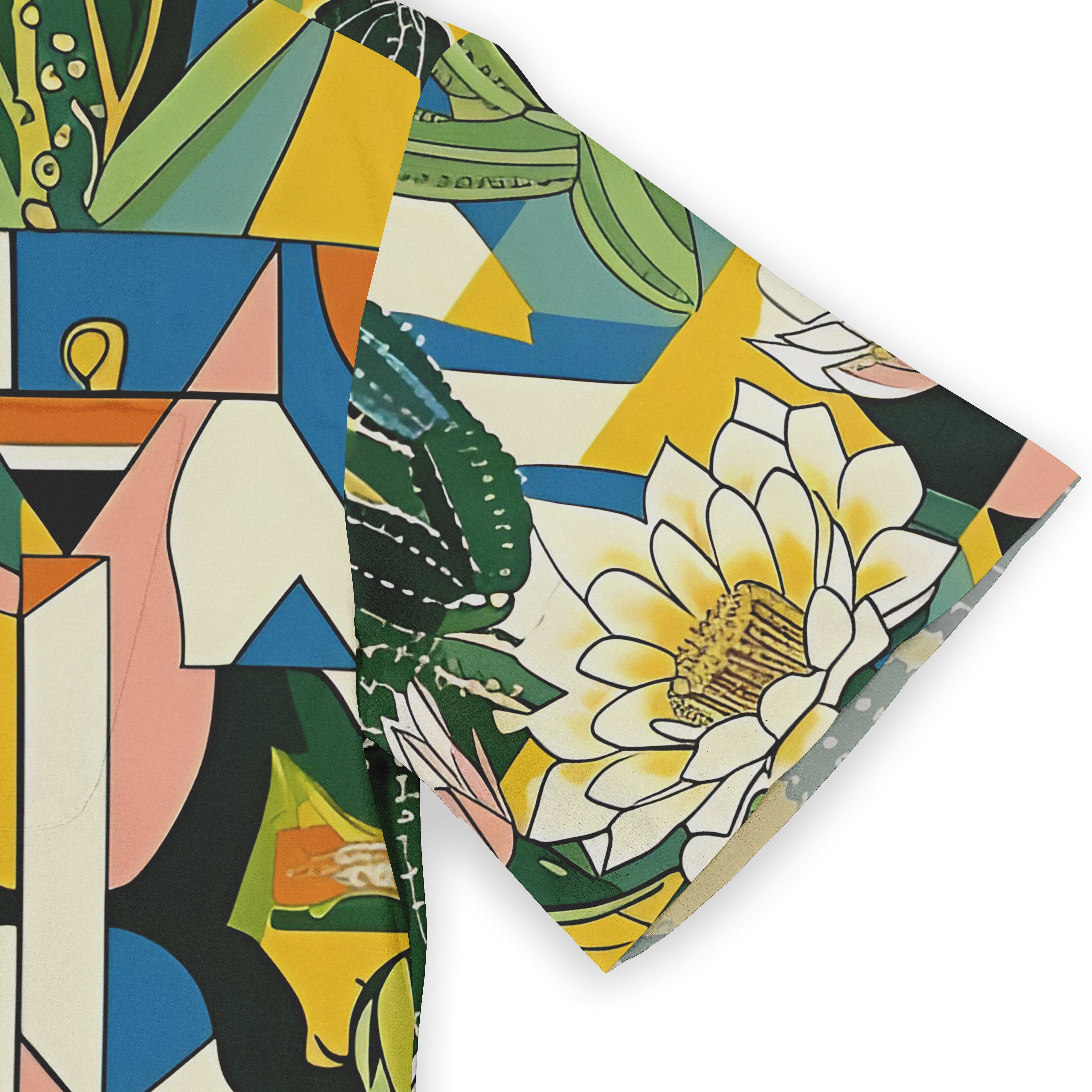 Colorful geometric and floral patterned fabric with vibrant greens.