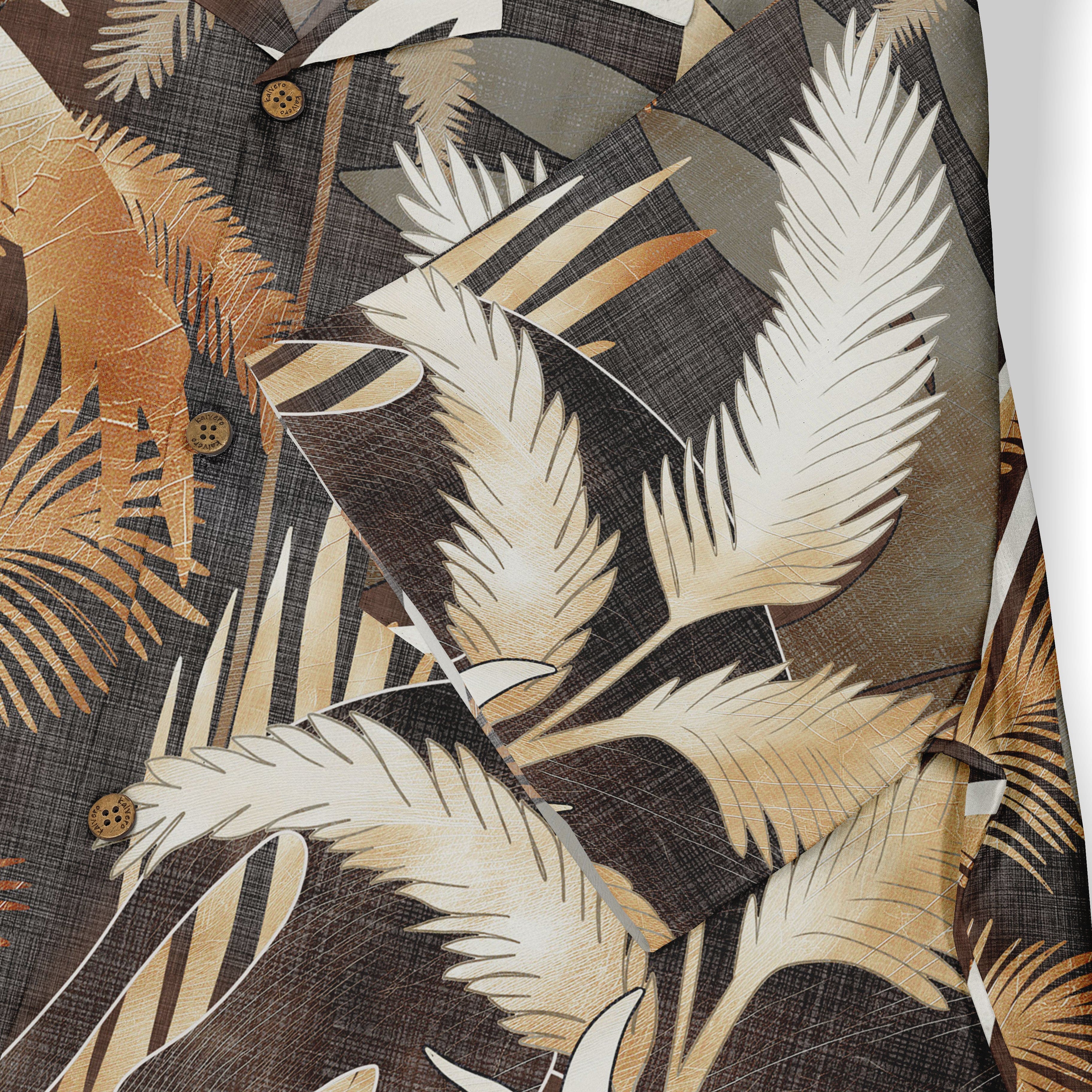 Tropical leaf pattern shirt with brown, beige, and white colors.