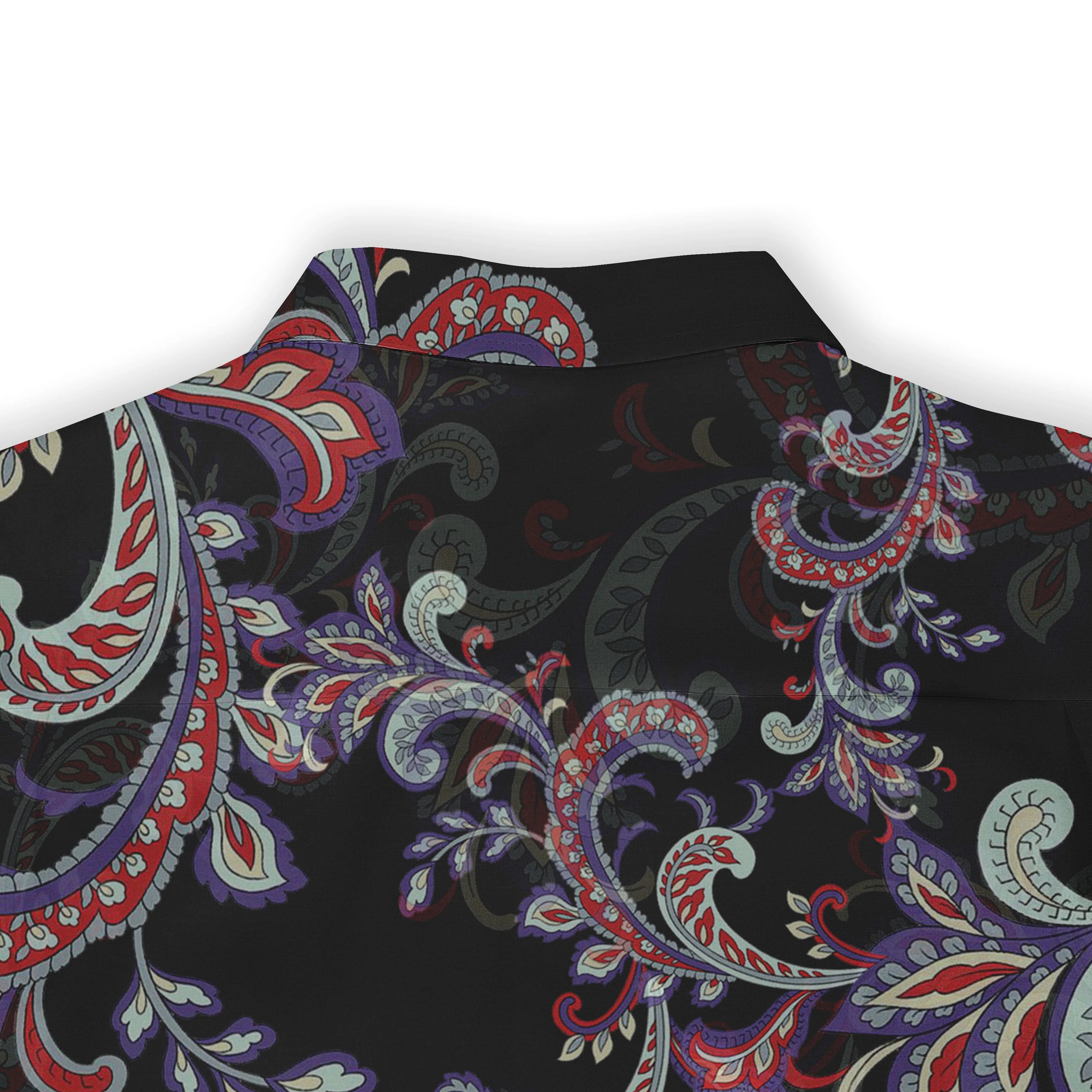 Black shirt with vibrant red, purple, and white paisley pattern.