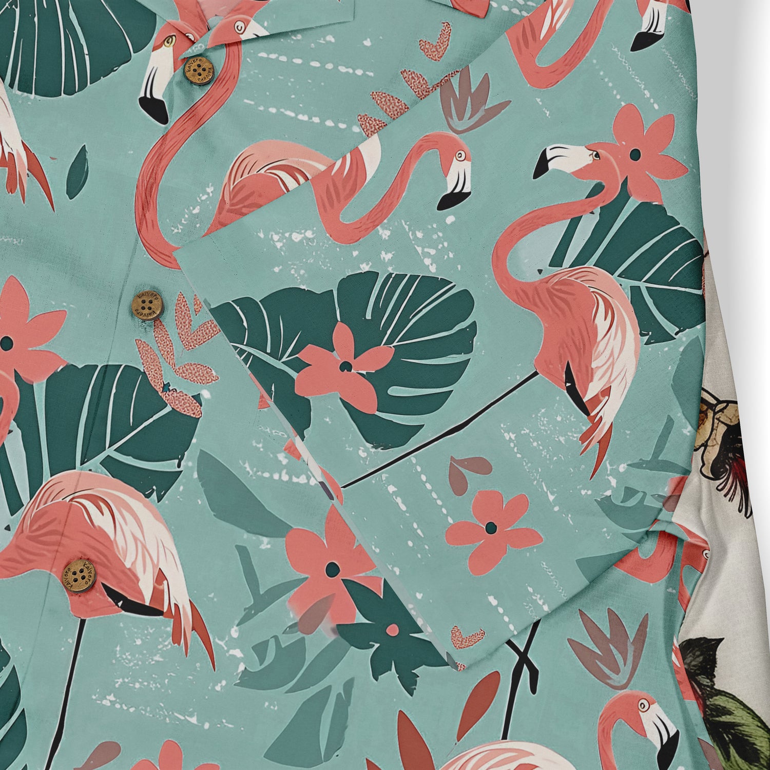 Tropical flamingo print shirt with vibrant pink birds, green leaves.