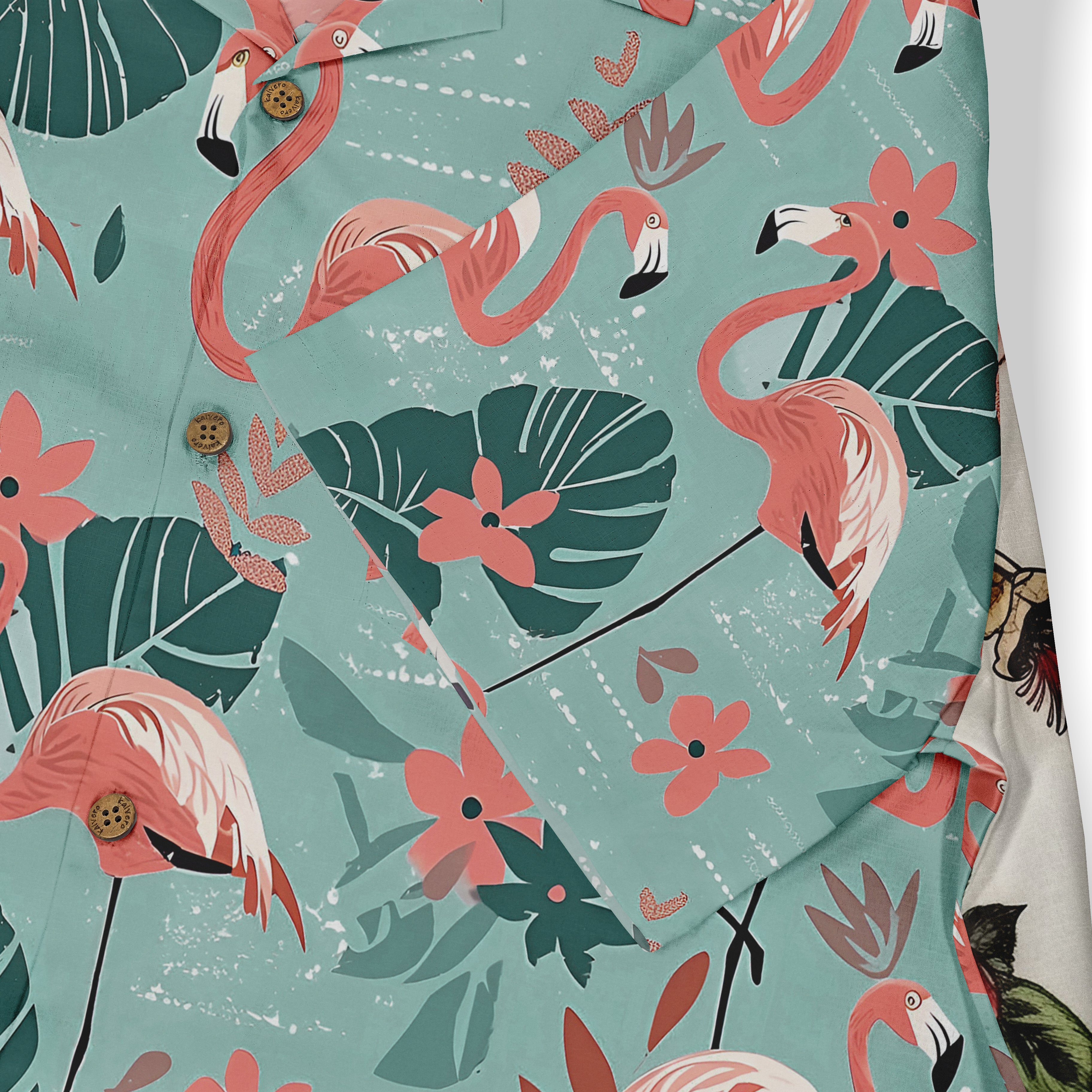 Tropical flamingo print shirt with vibrant pink birds, green leaves.