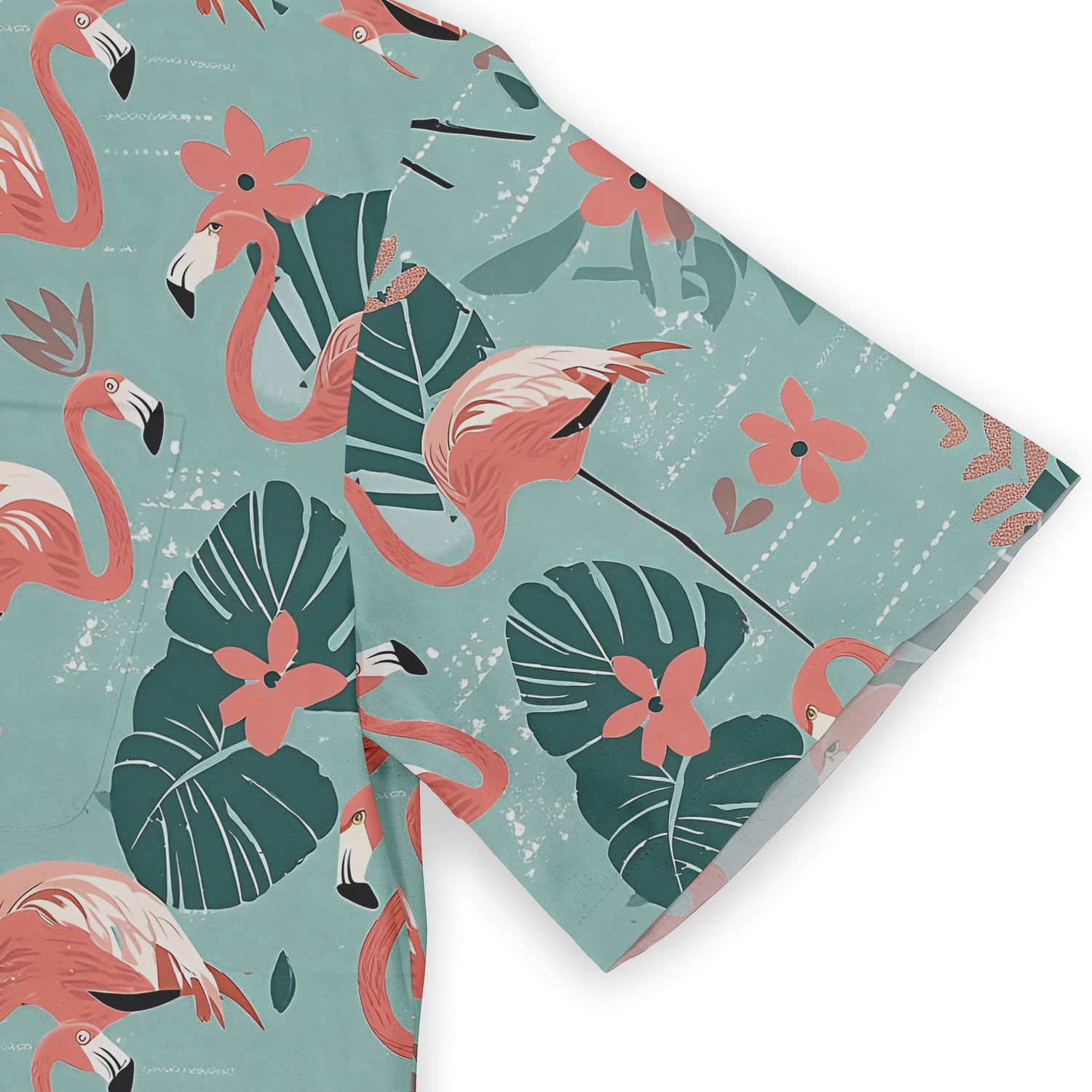 Tropical flamingo print fabric with pink birds, green leaves.