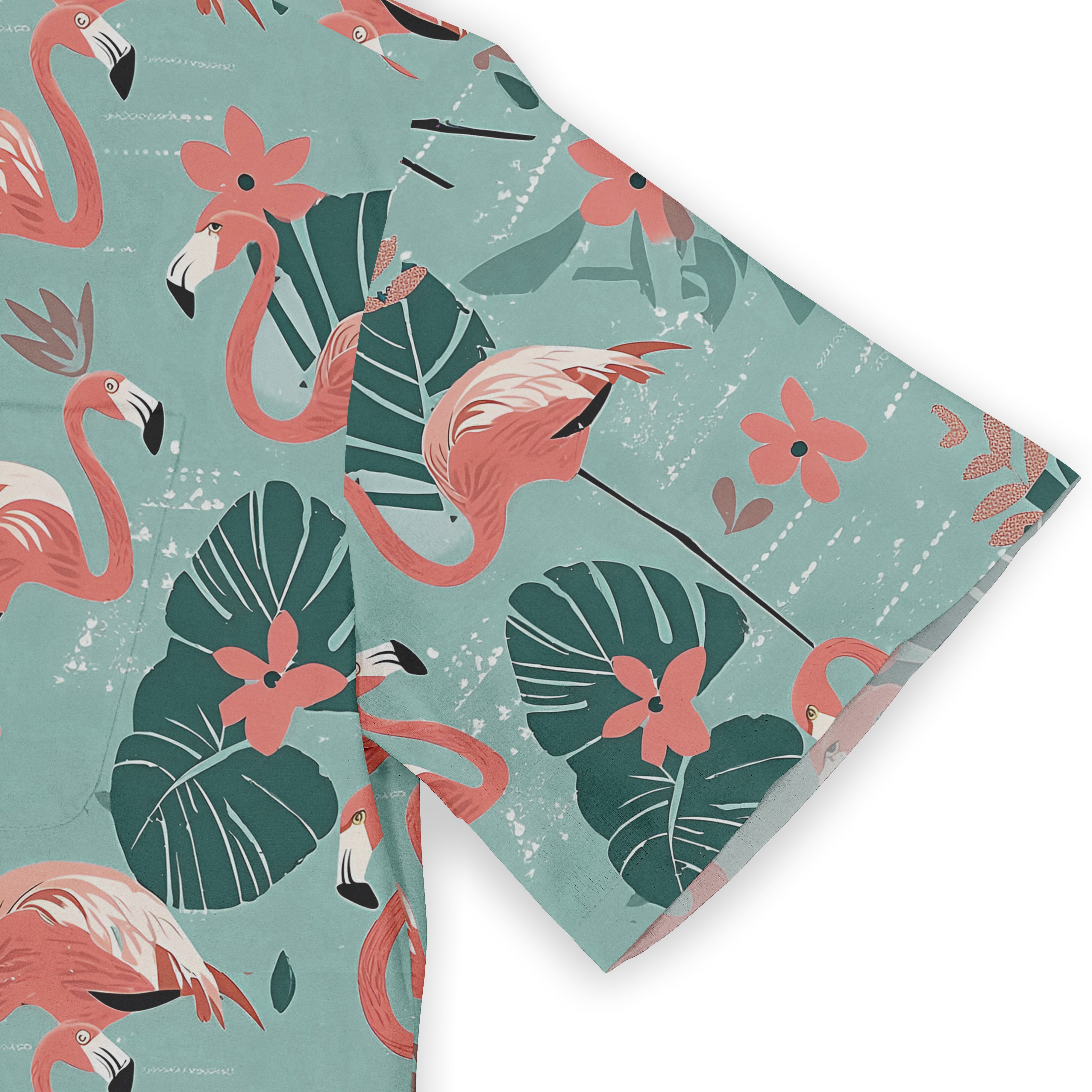 Tropical flamingo print fabric with pink birds, green leaves.