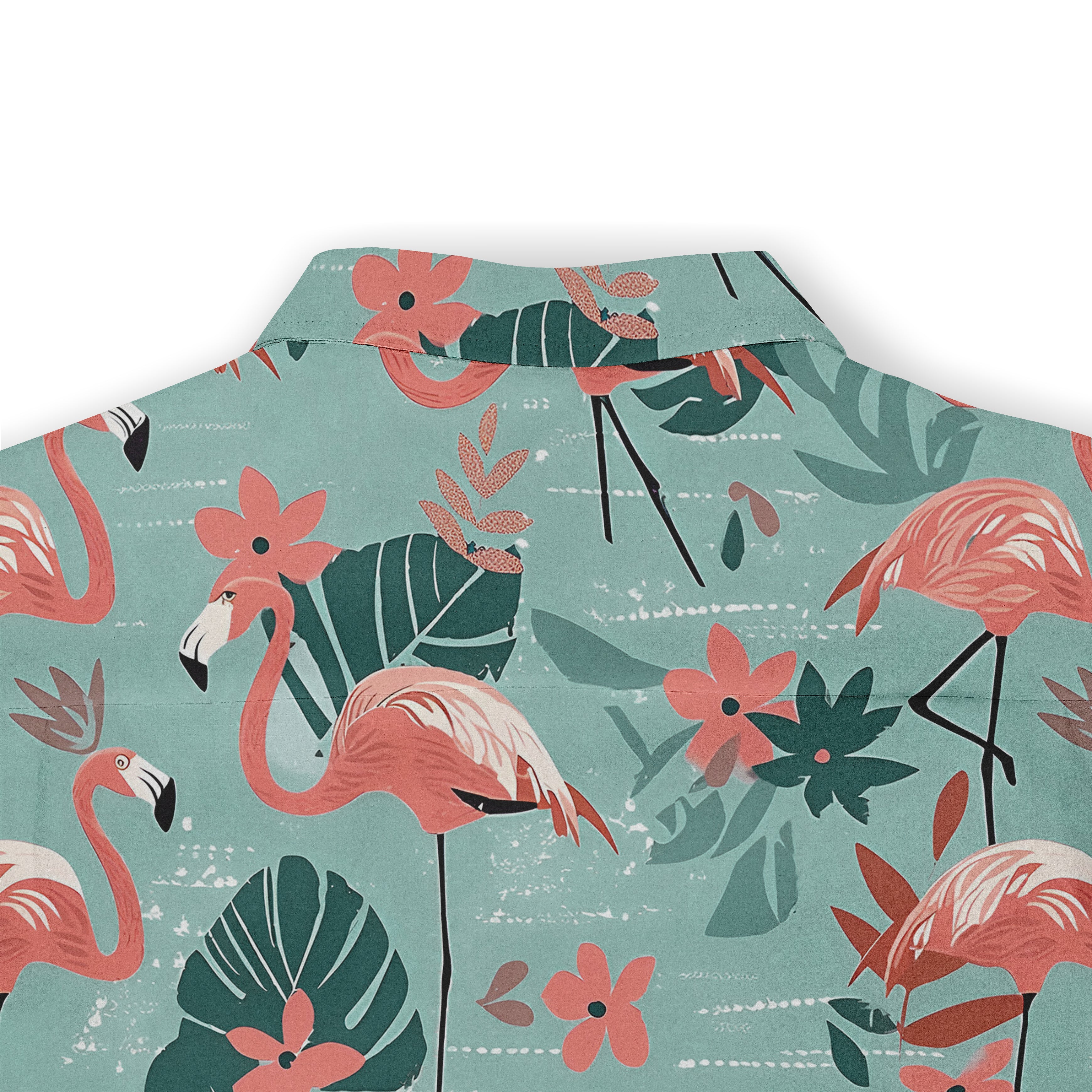 Tropical flamingo print shirt with vibrant pink birds, green leaves.