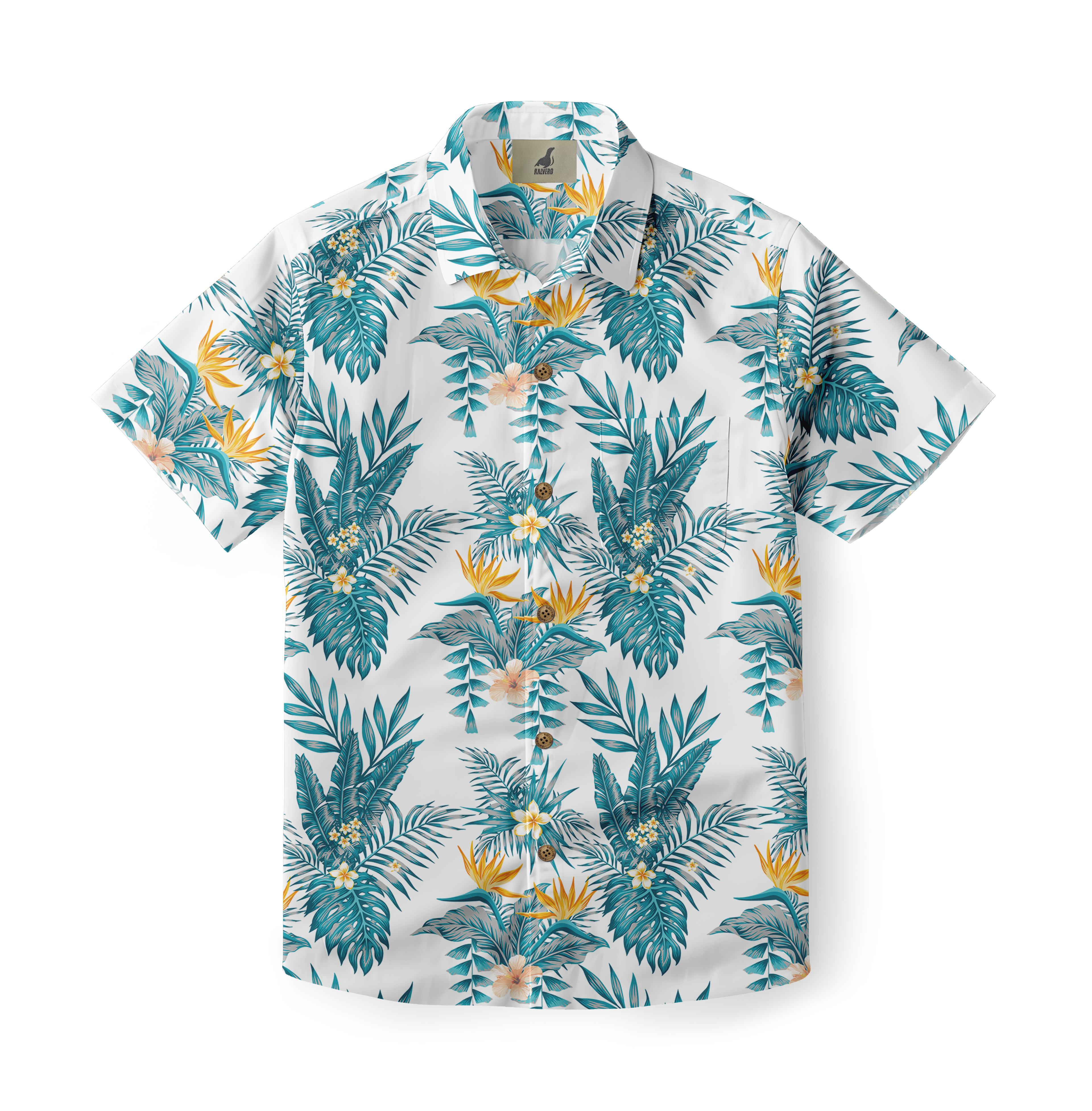 White short-sleeve shirt with tropical blue and yellow floral.