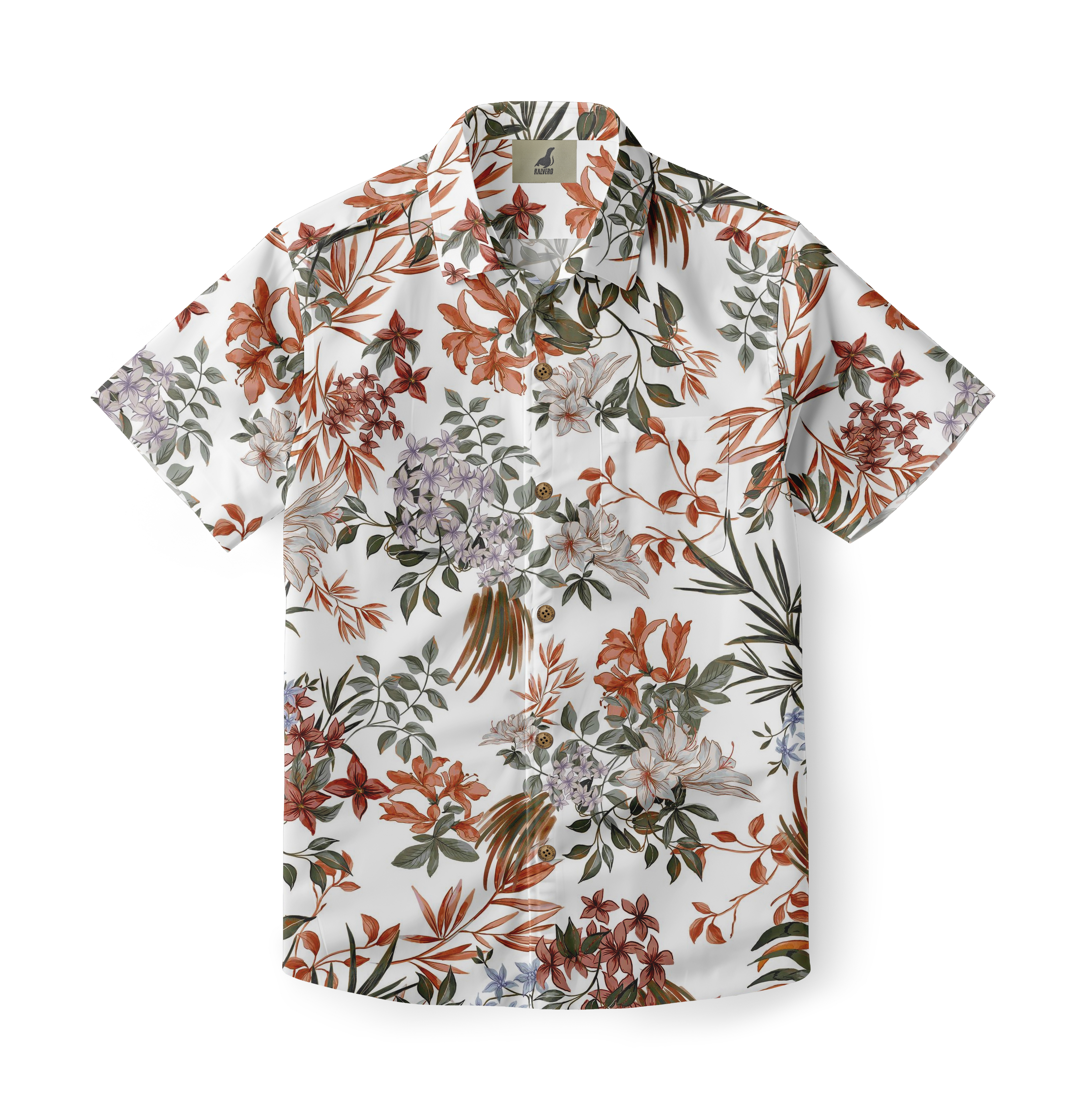White shirt with orange, green floral pattern.