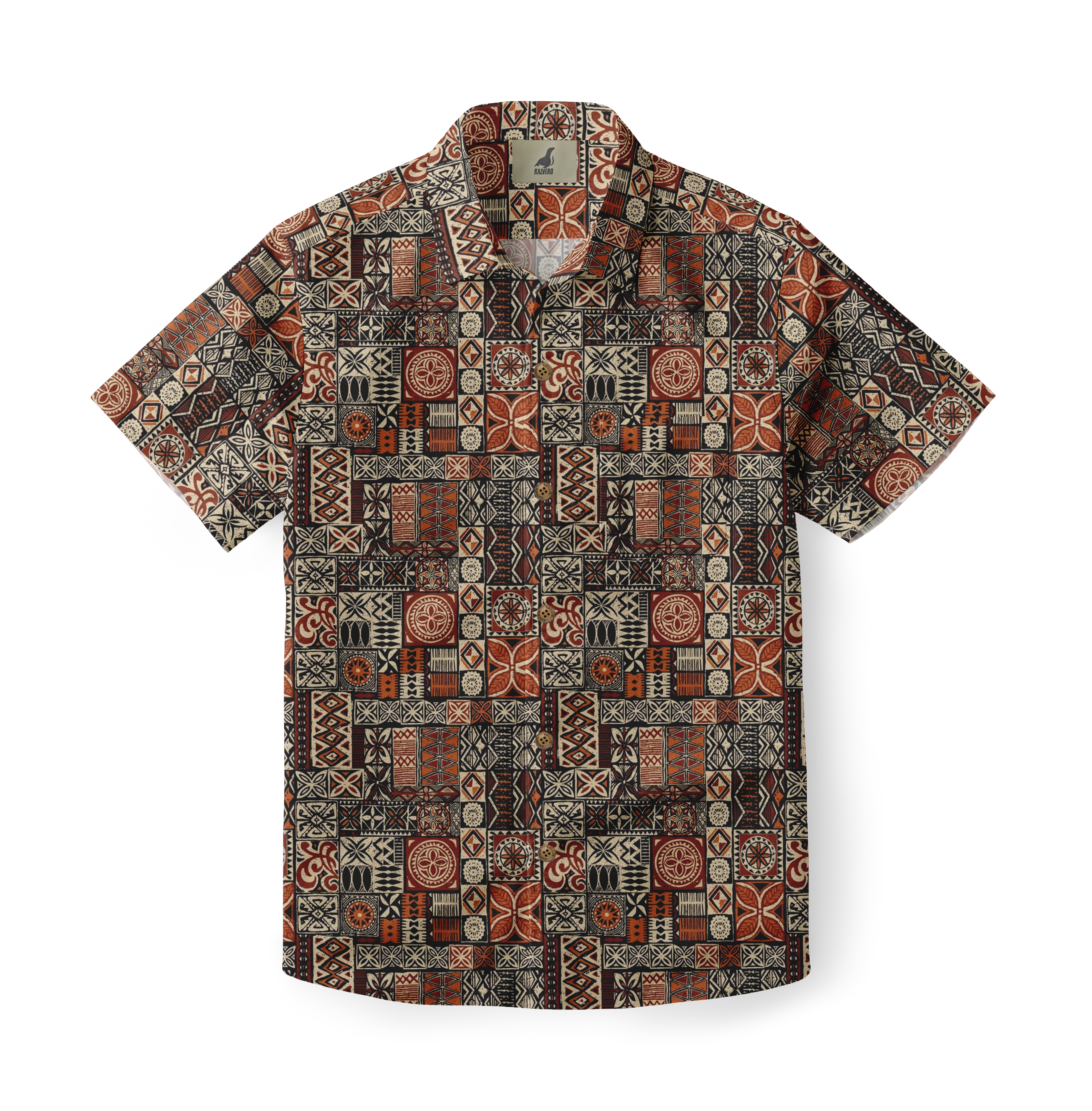 Colorful patterned short-sleeve shirt with geometric designs.