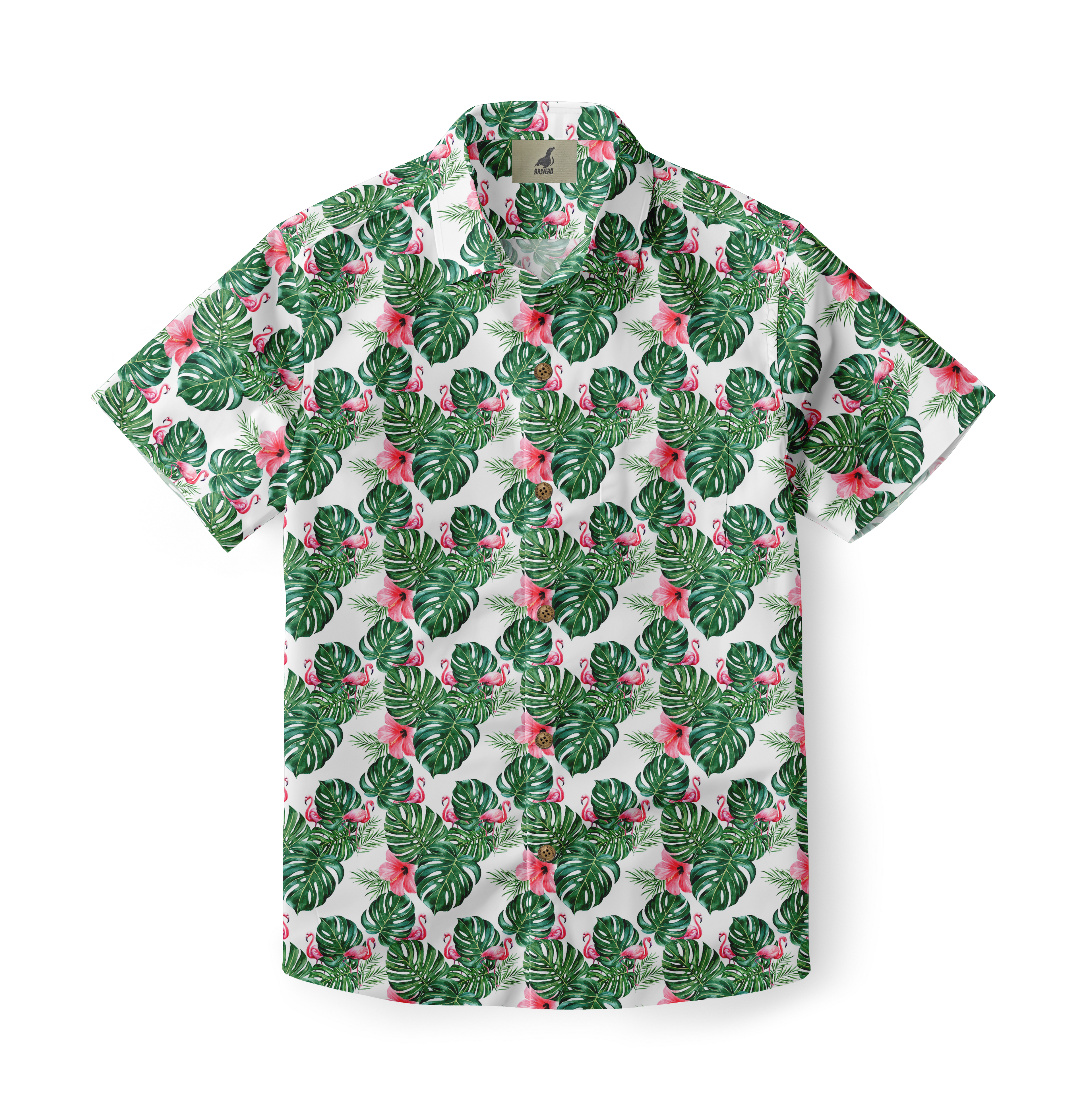 White shirt with green leaves and pink flamingo pattern.