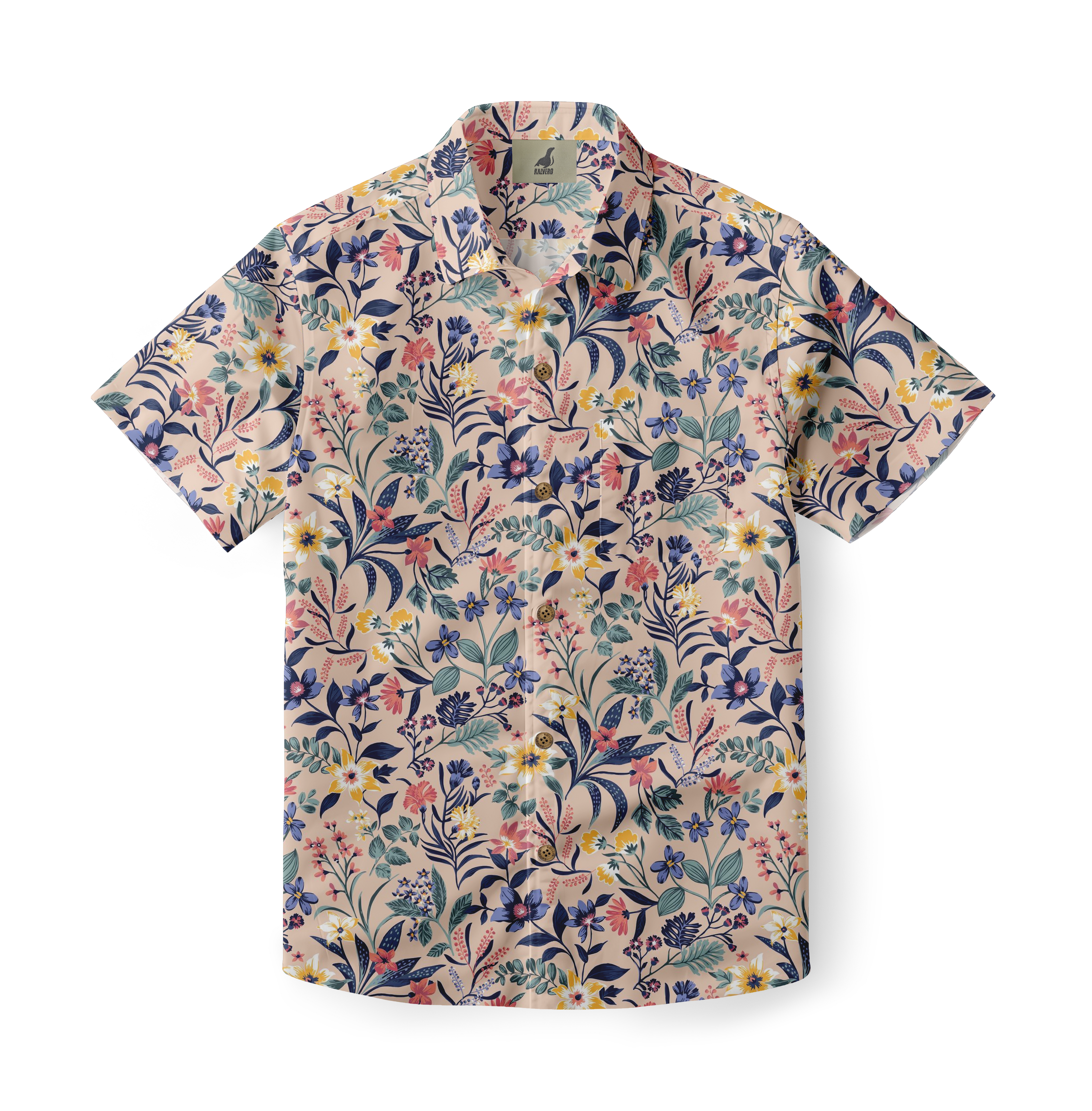 Beige short-sleeve shirt with colorful floral pattern.
