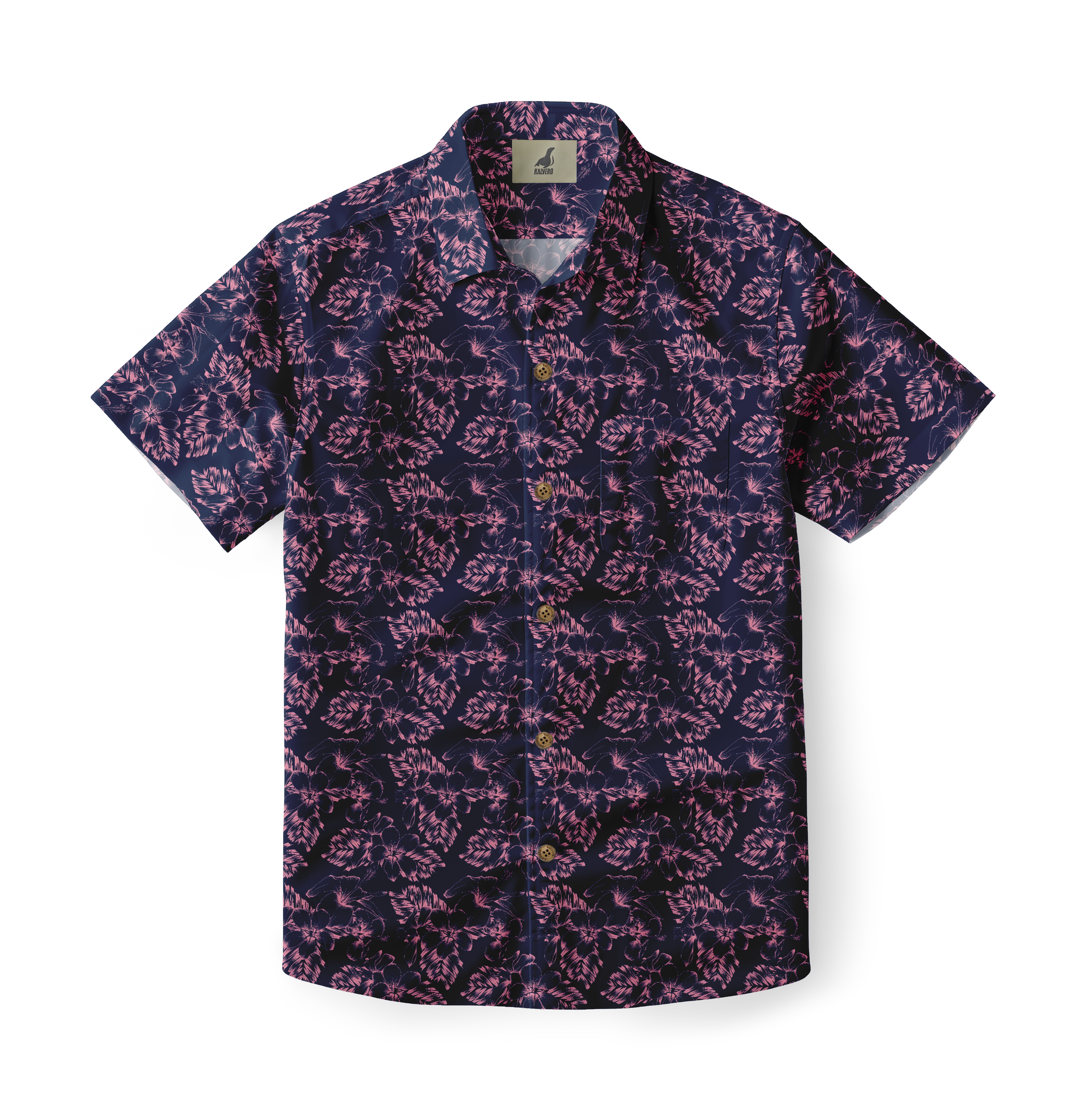 Navy blue shirt with pink floral pattern, short sleeves.