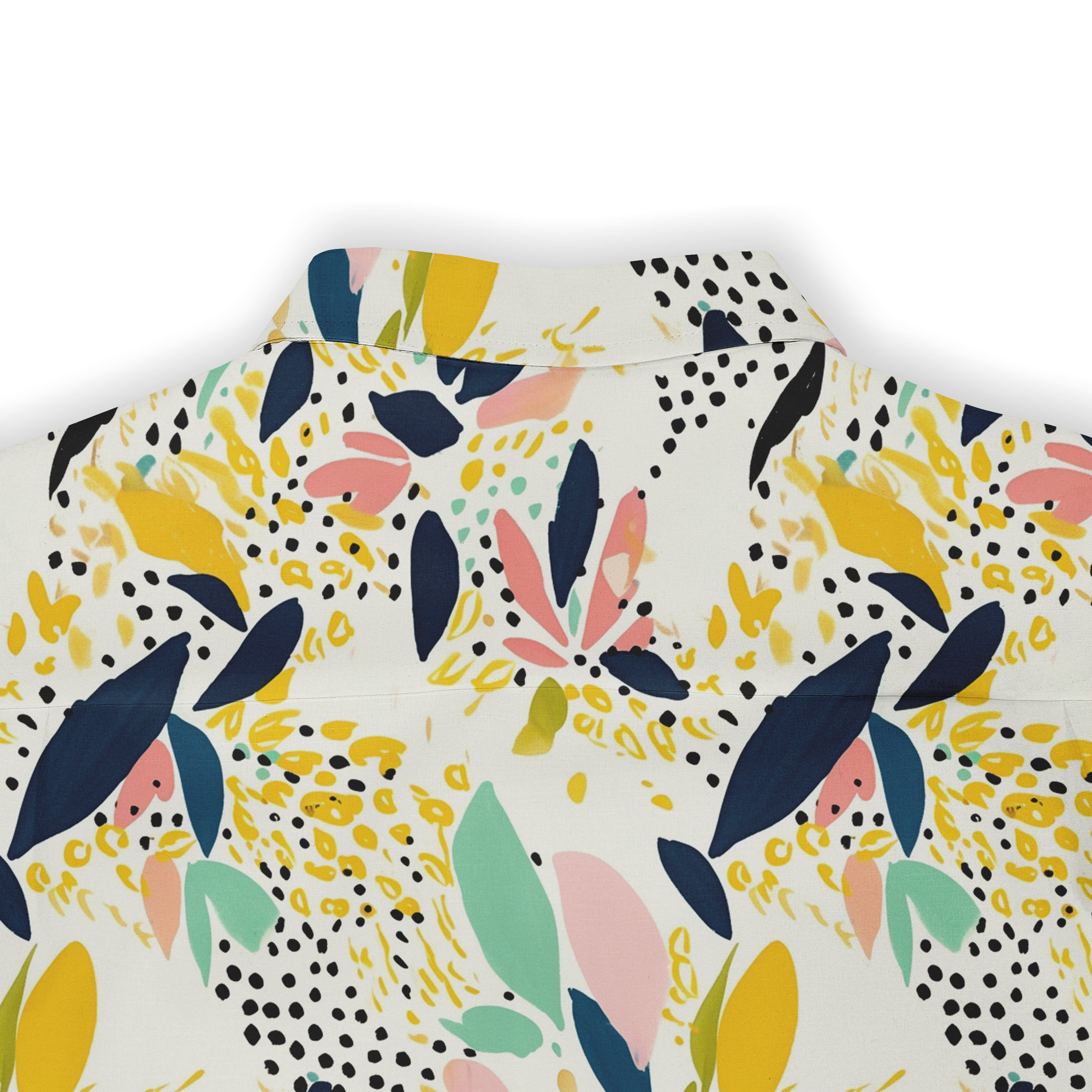 Colorful floral pattern shirt with navy, pink, yellow, and green.