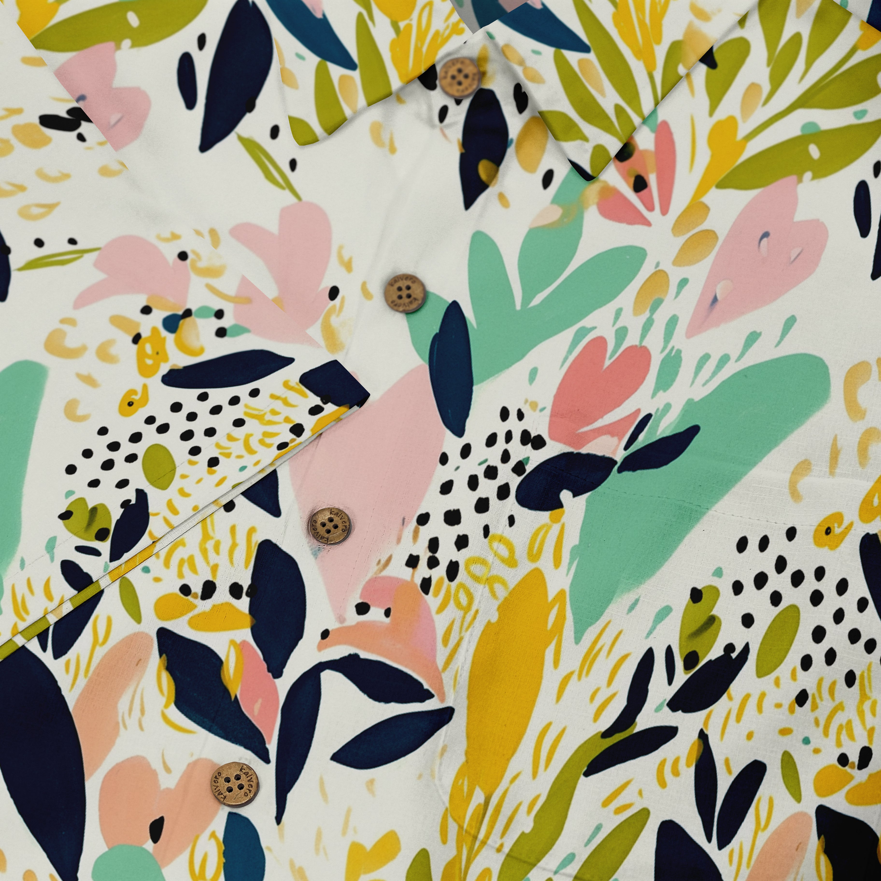 Floral patterned shirt with colorful leaves and flowers, featuring.