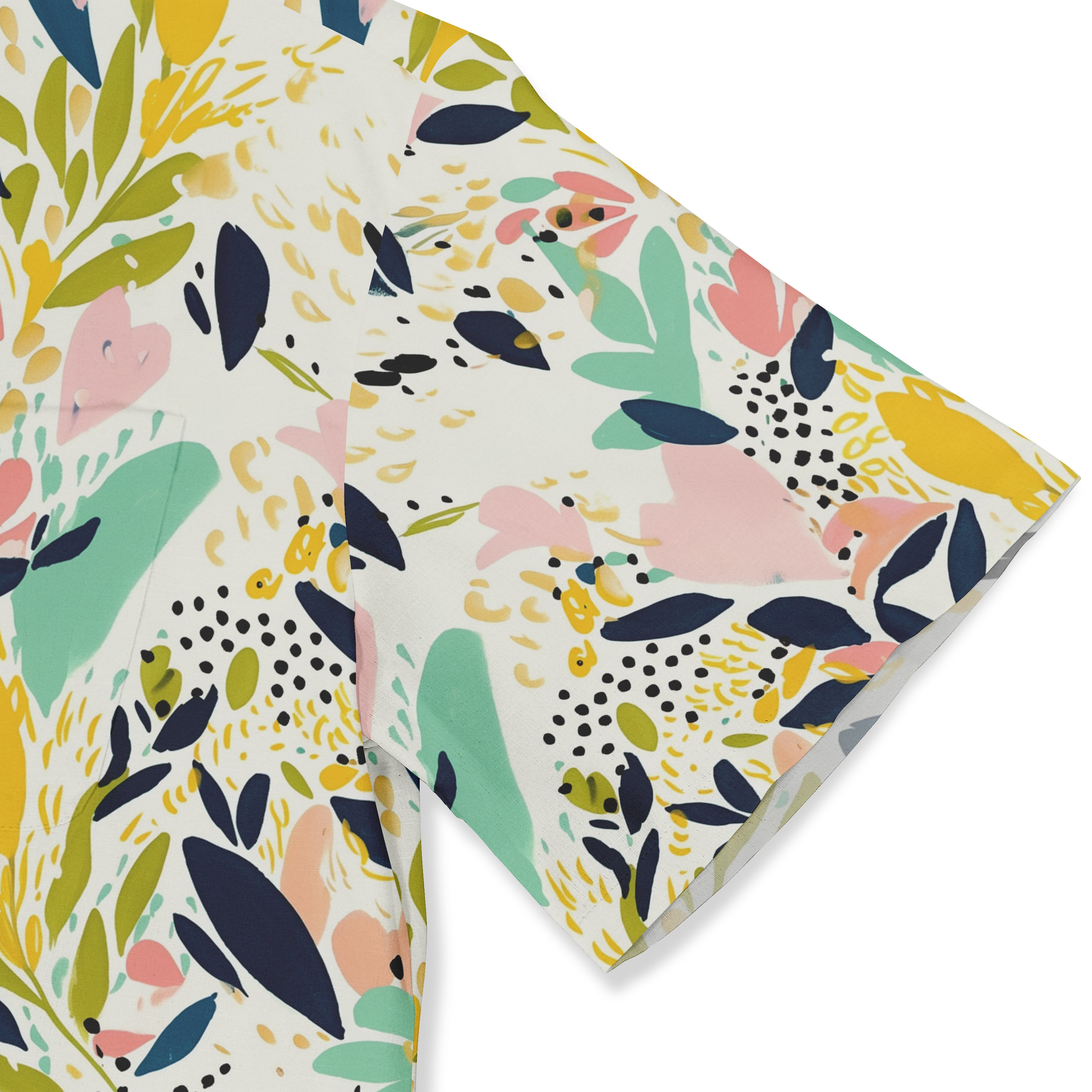Colorful floral patterned fabric with pink, yellow, green, and navy.
