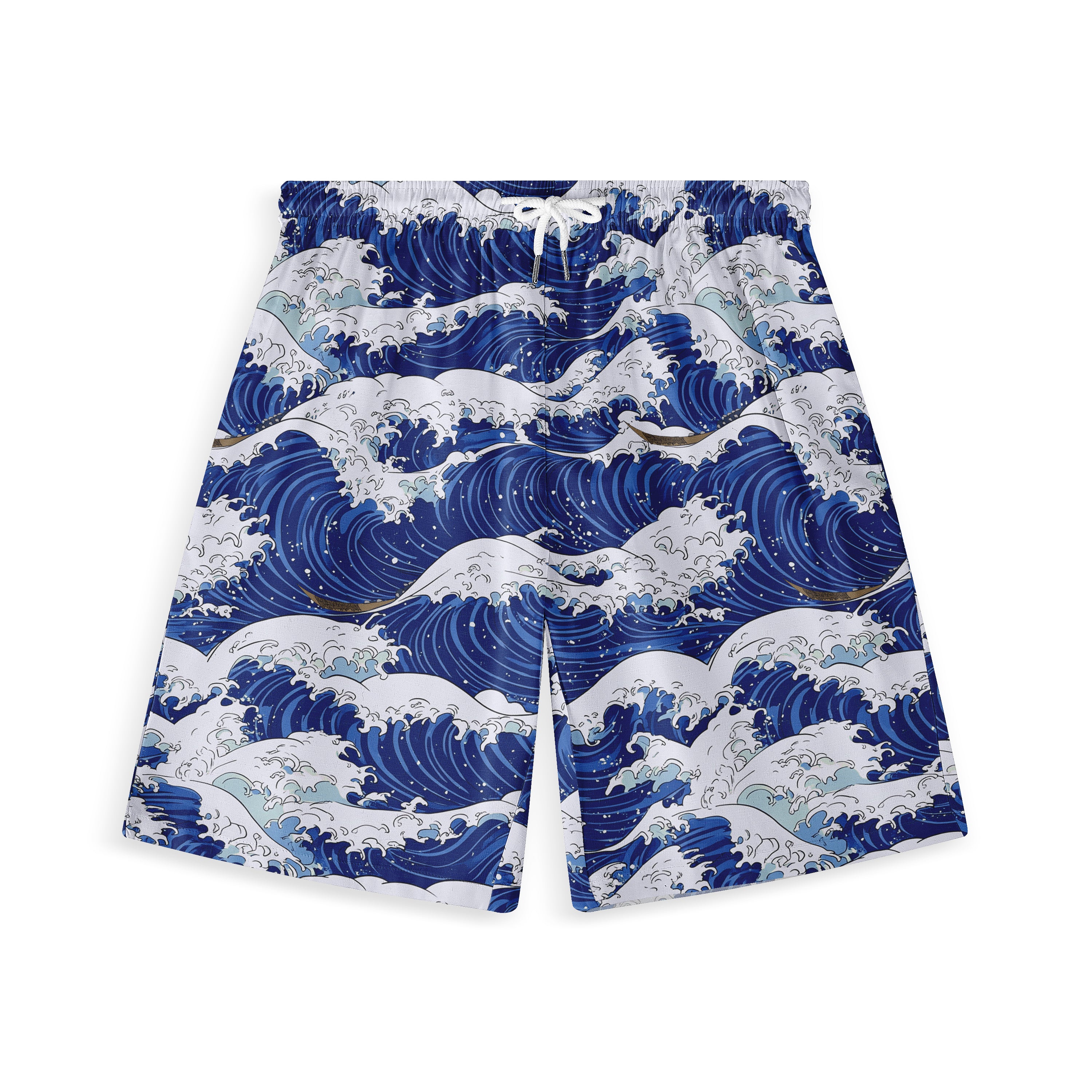 Blue and white wave-patterned swim shorts featuring a dynamic ocean.