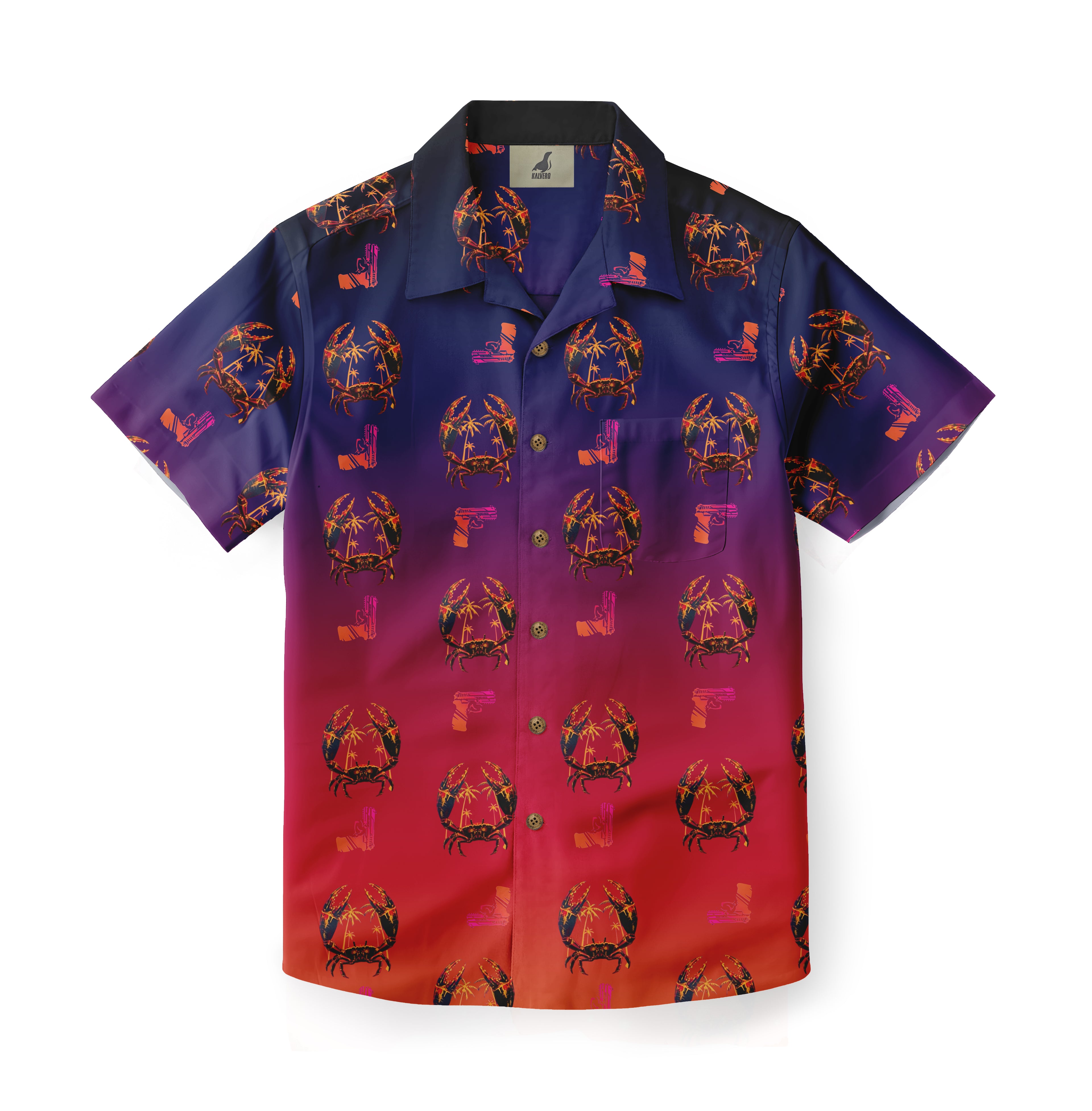 Vibrant gradient shirt with crab and gun patterns, featuring a bold.