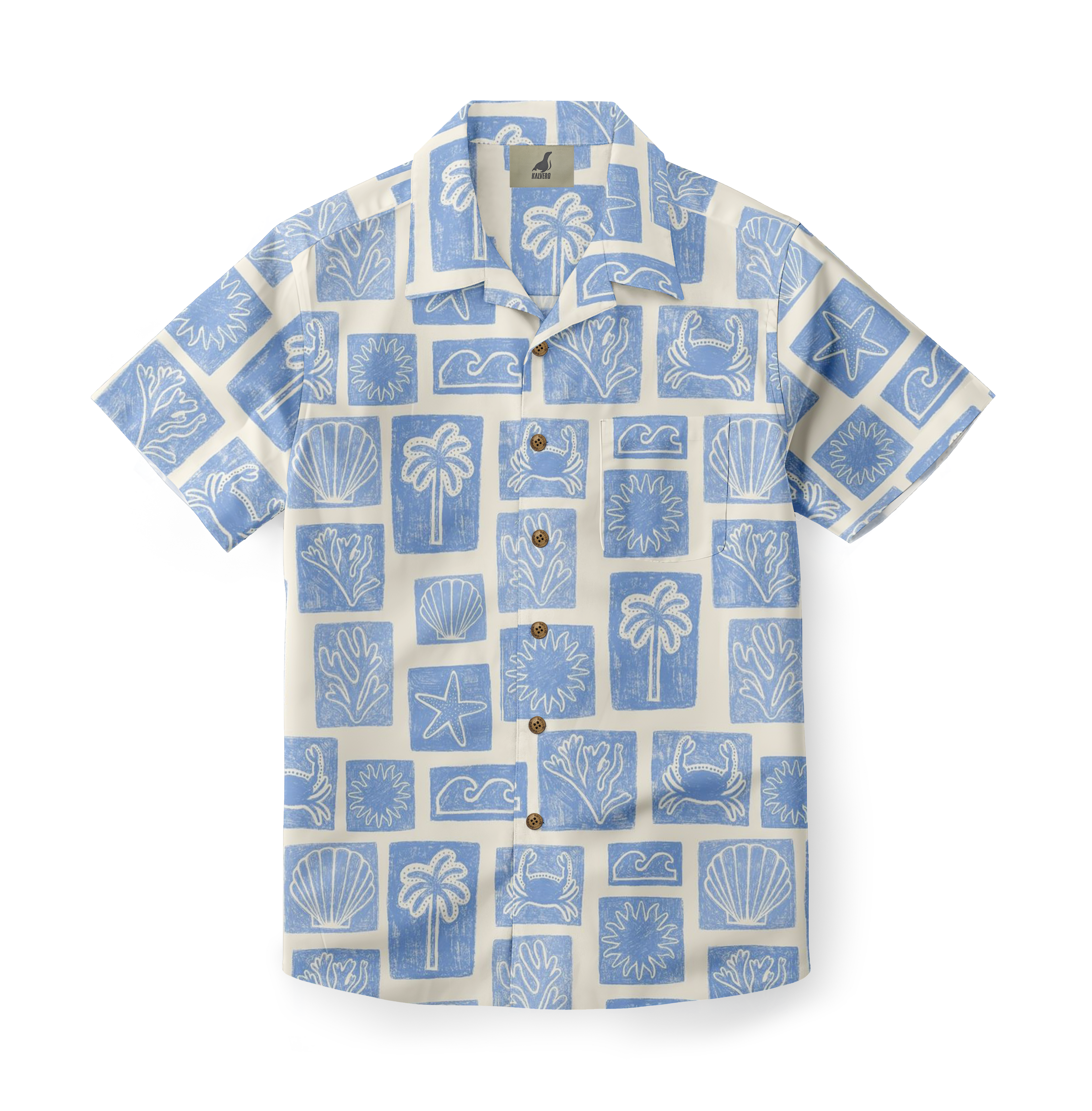 Blue and white tropical print short-sleeve shirt with palm trees.