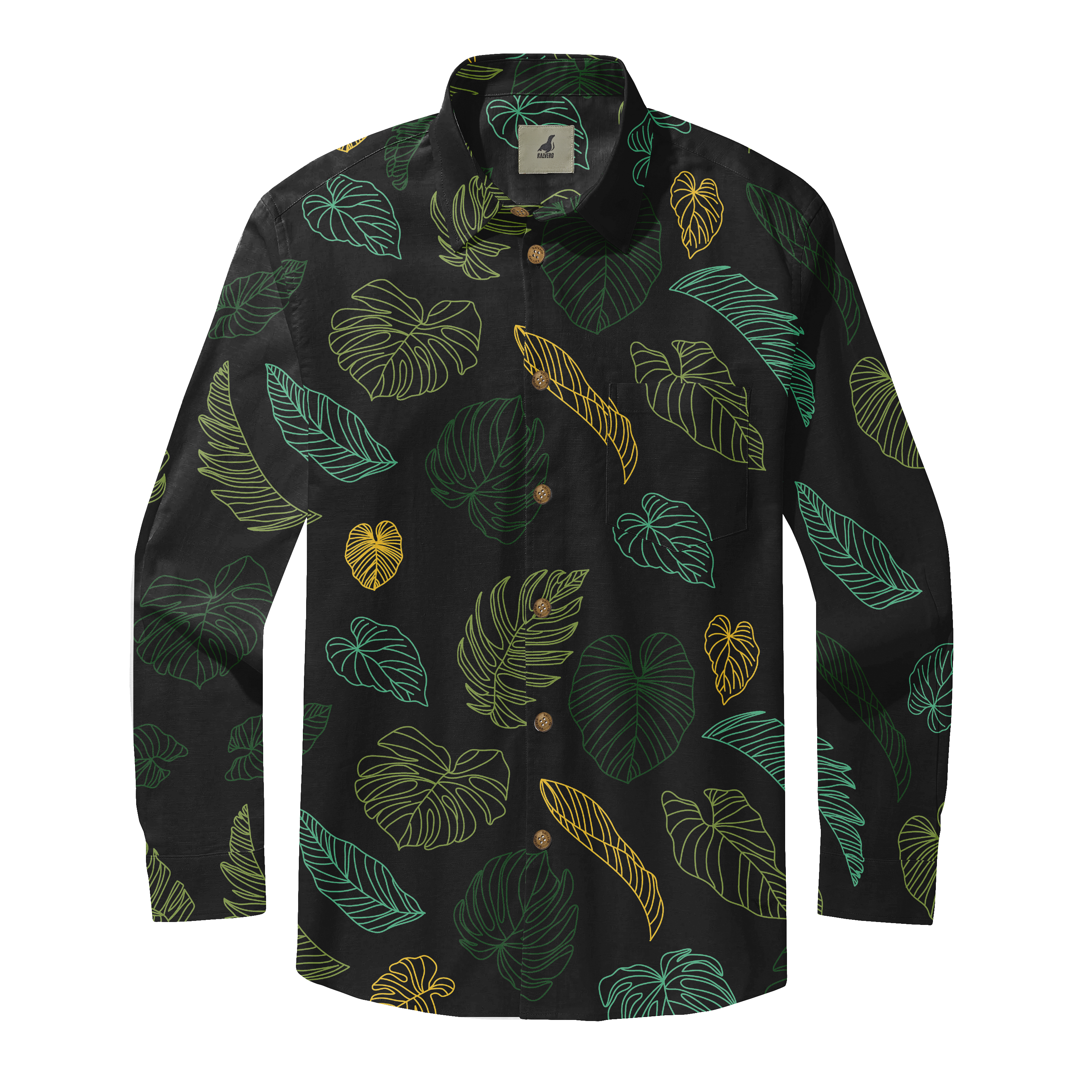 Black long-sleeve shirt with vibrant tropical leaf patterns in green.