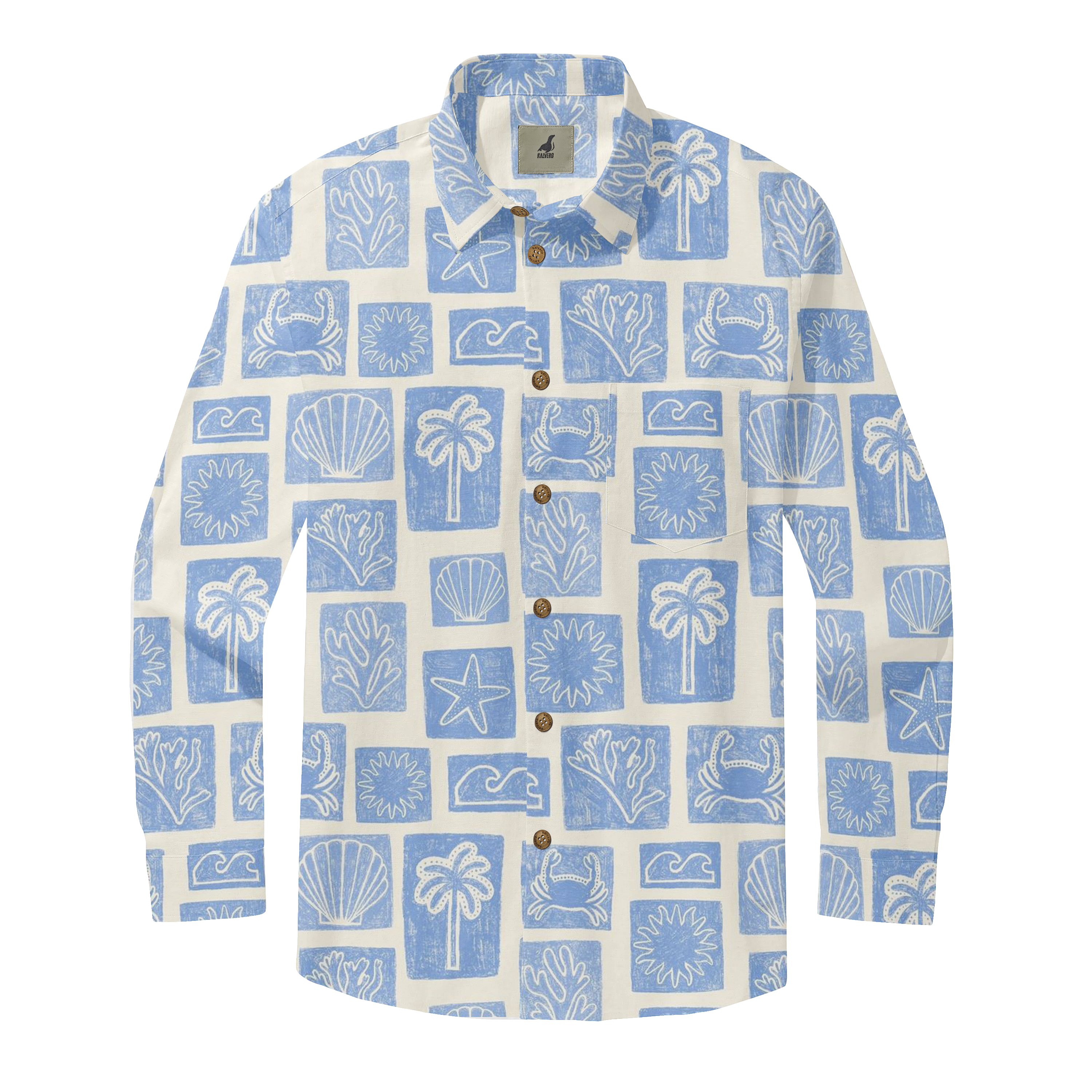 Blue and white tropical print shirt with palm trees, shells.