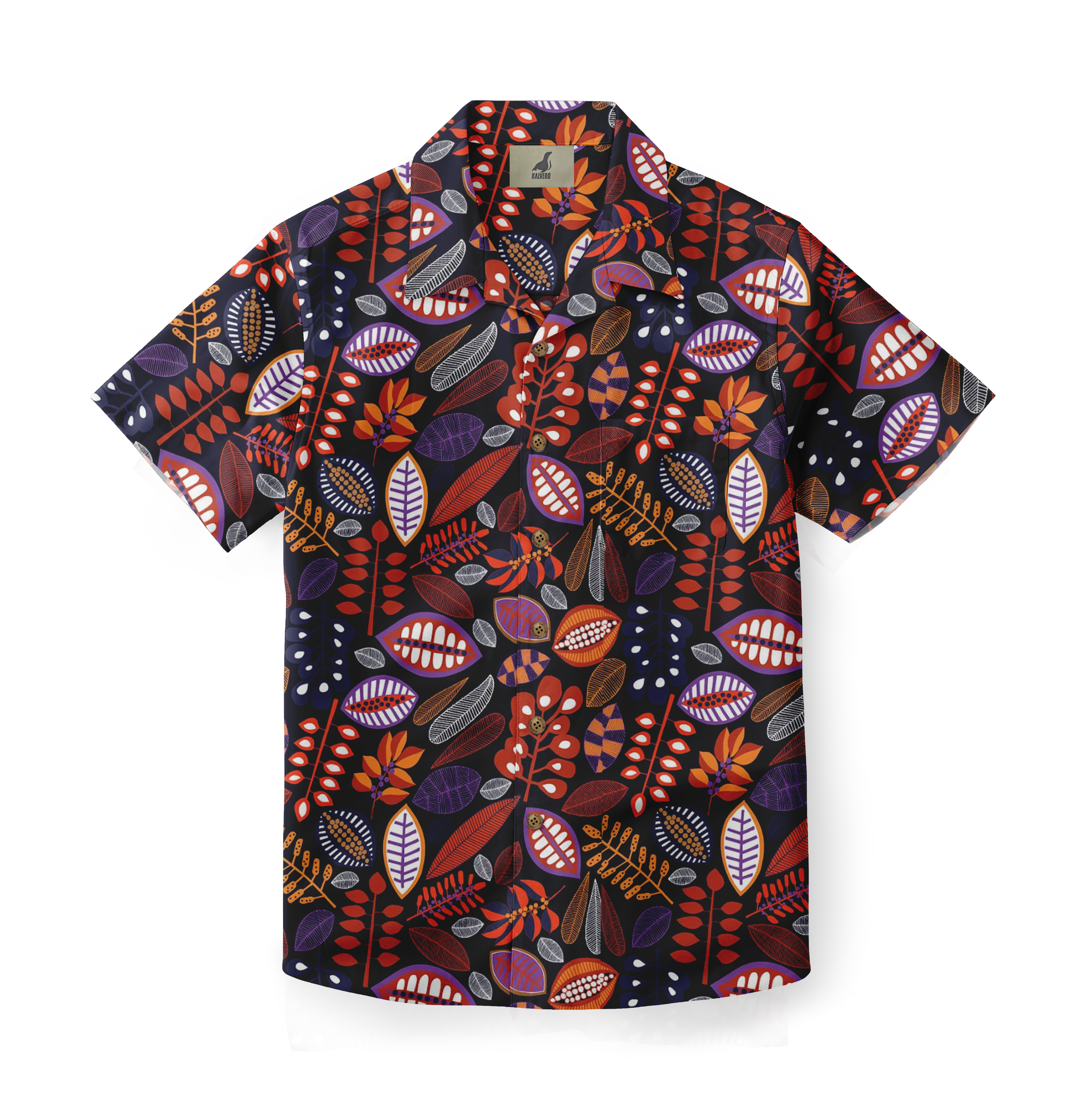 Vibrant tropical shirt with bold leaf patterns in red, purple.