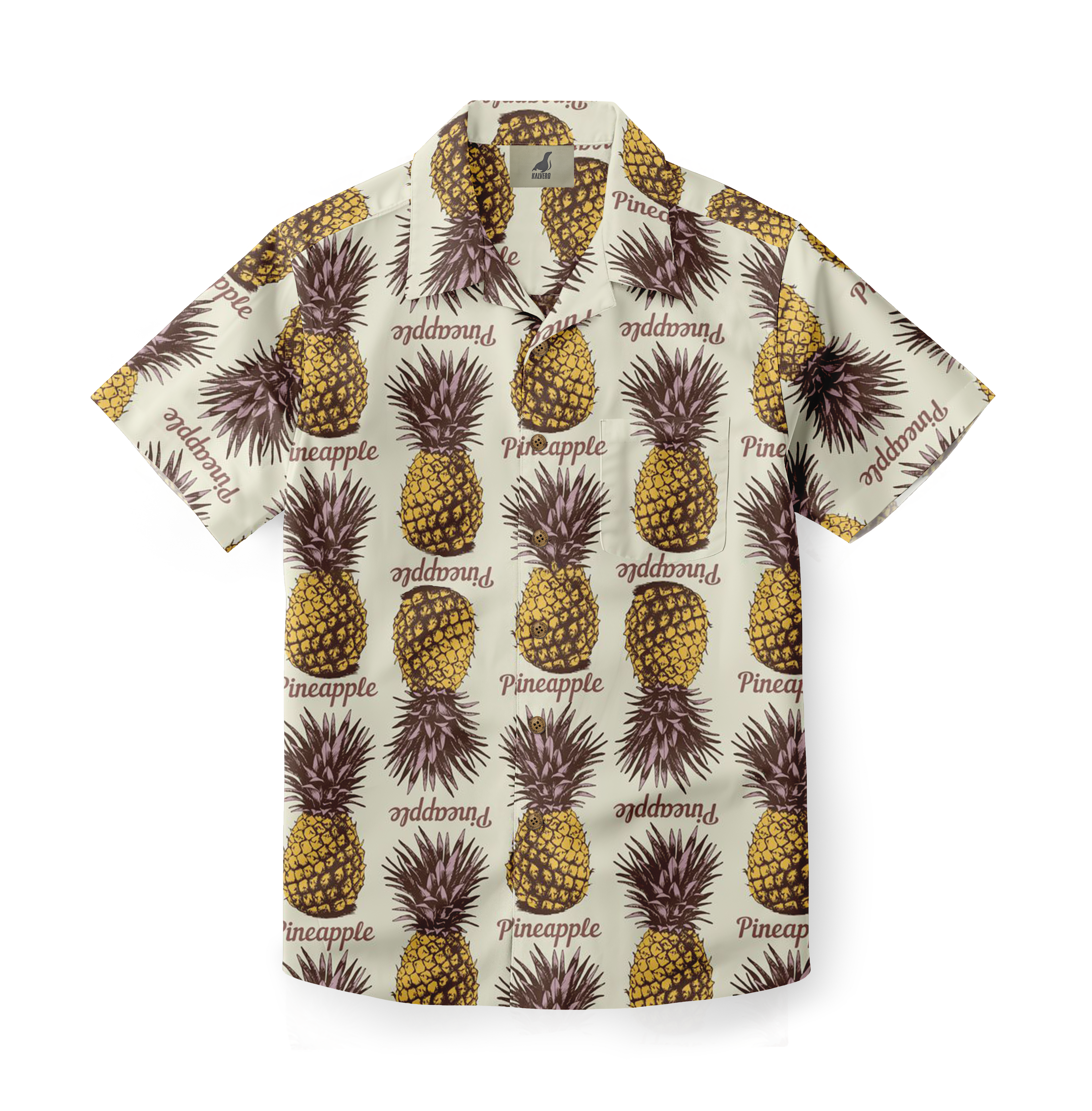 Pineapple print short-sleeve shirt, beige background.