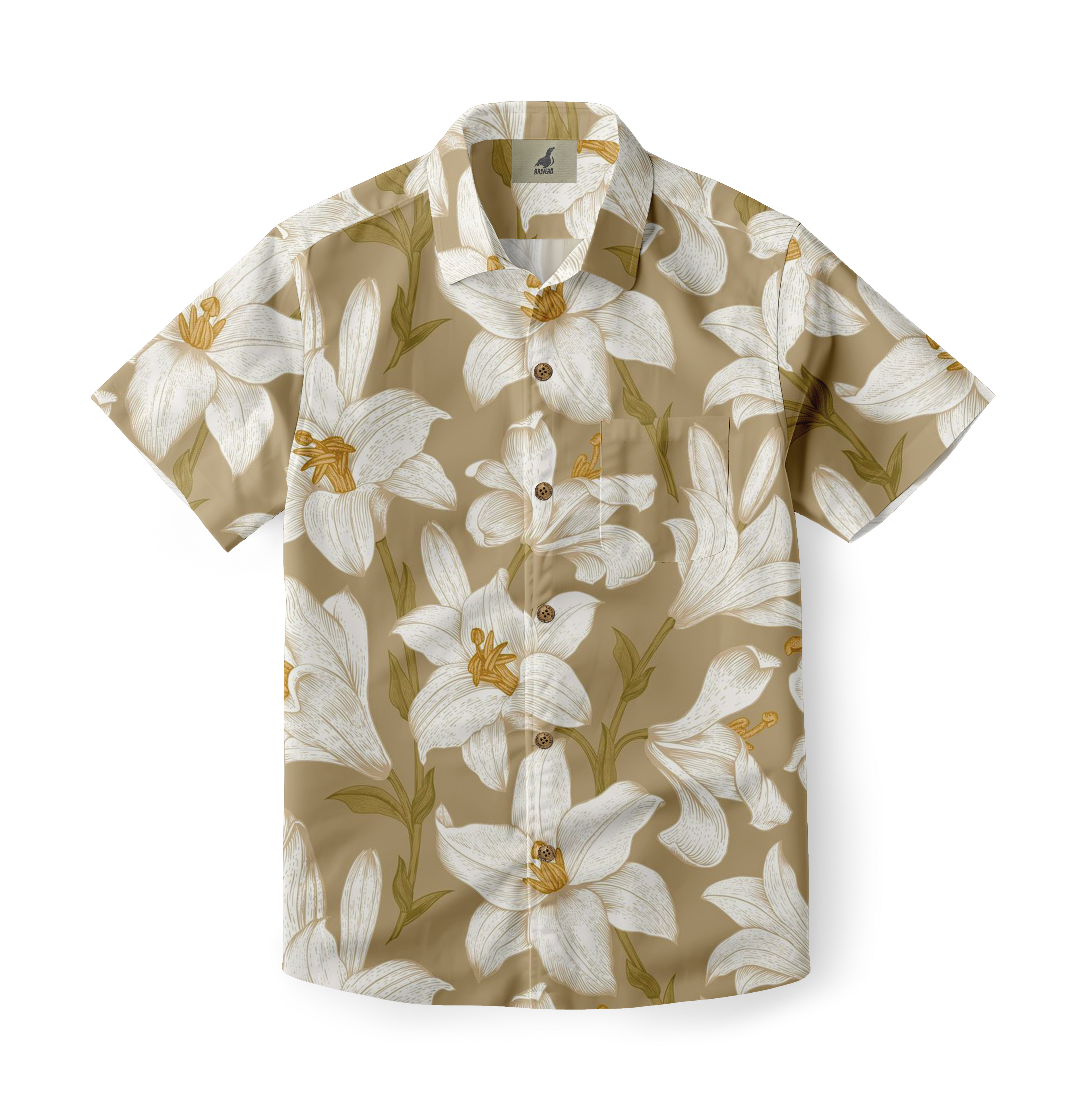 Beige short-sleeve shirt with white floral pattern and brown buttons.