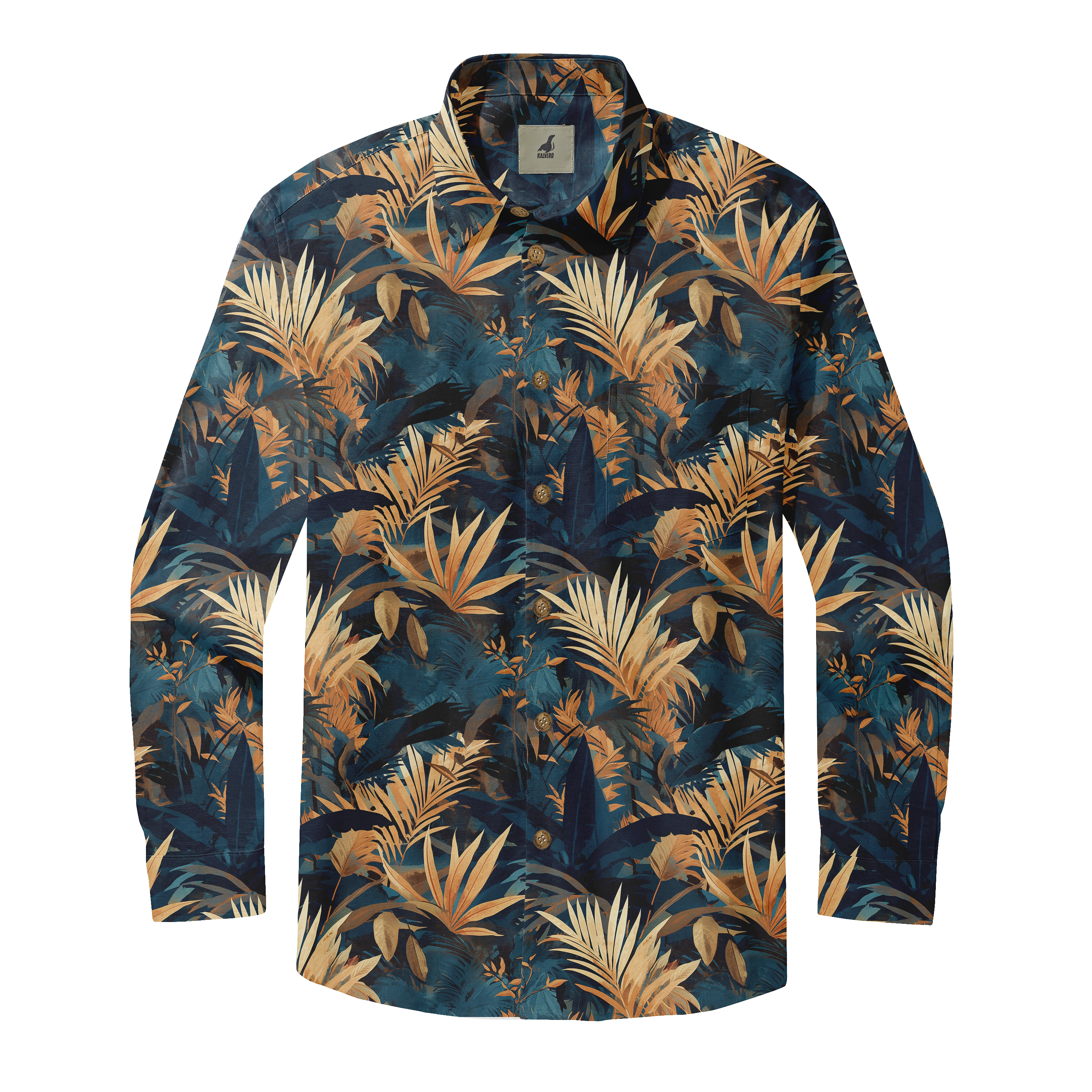 Long-sleeve button-up shirt with tropical leaf pattern in navy.