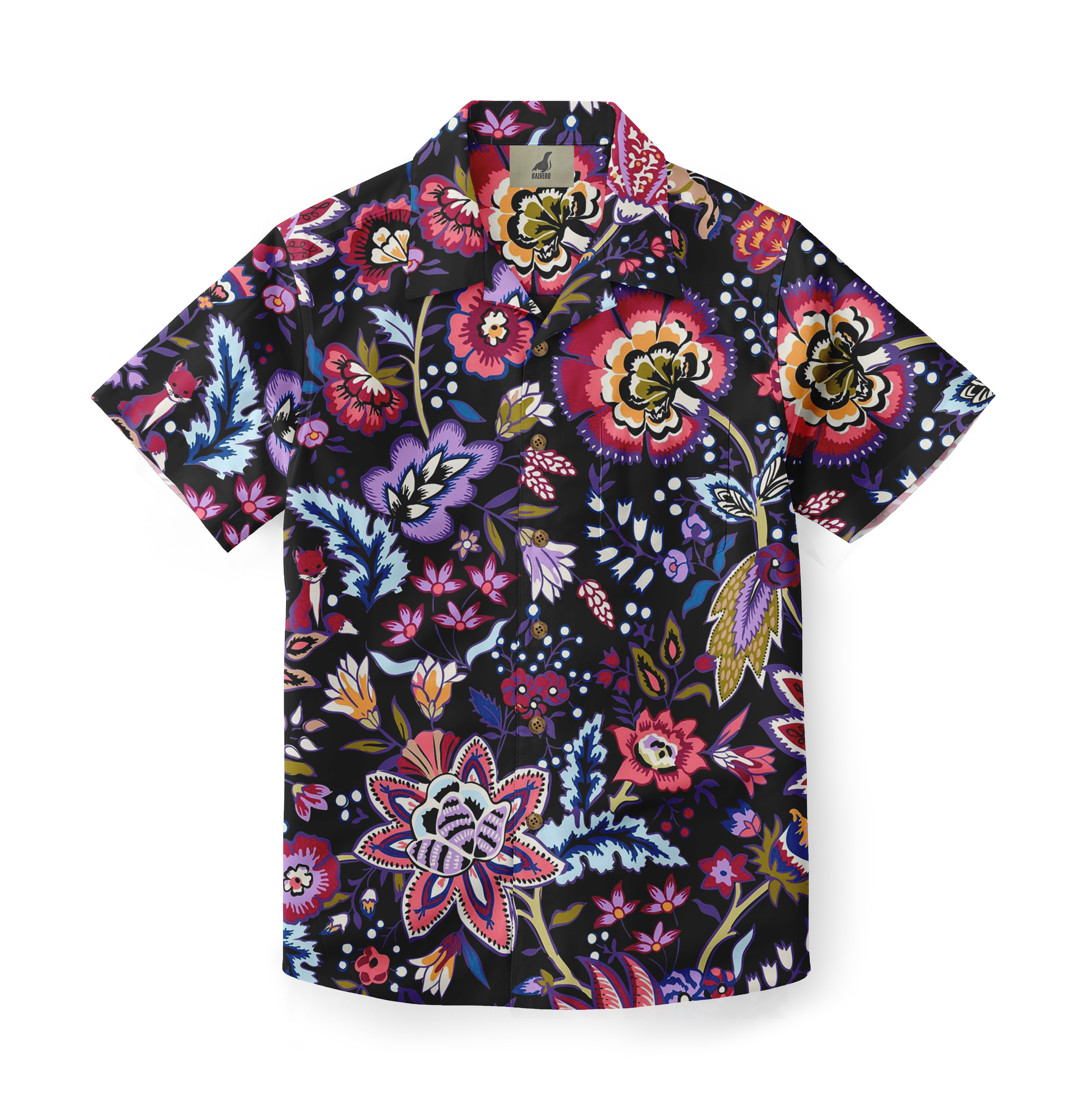 Black short-sleeve shirt with vibrant floral and bird pattern.