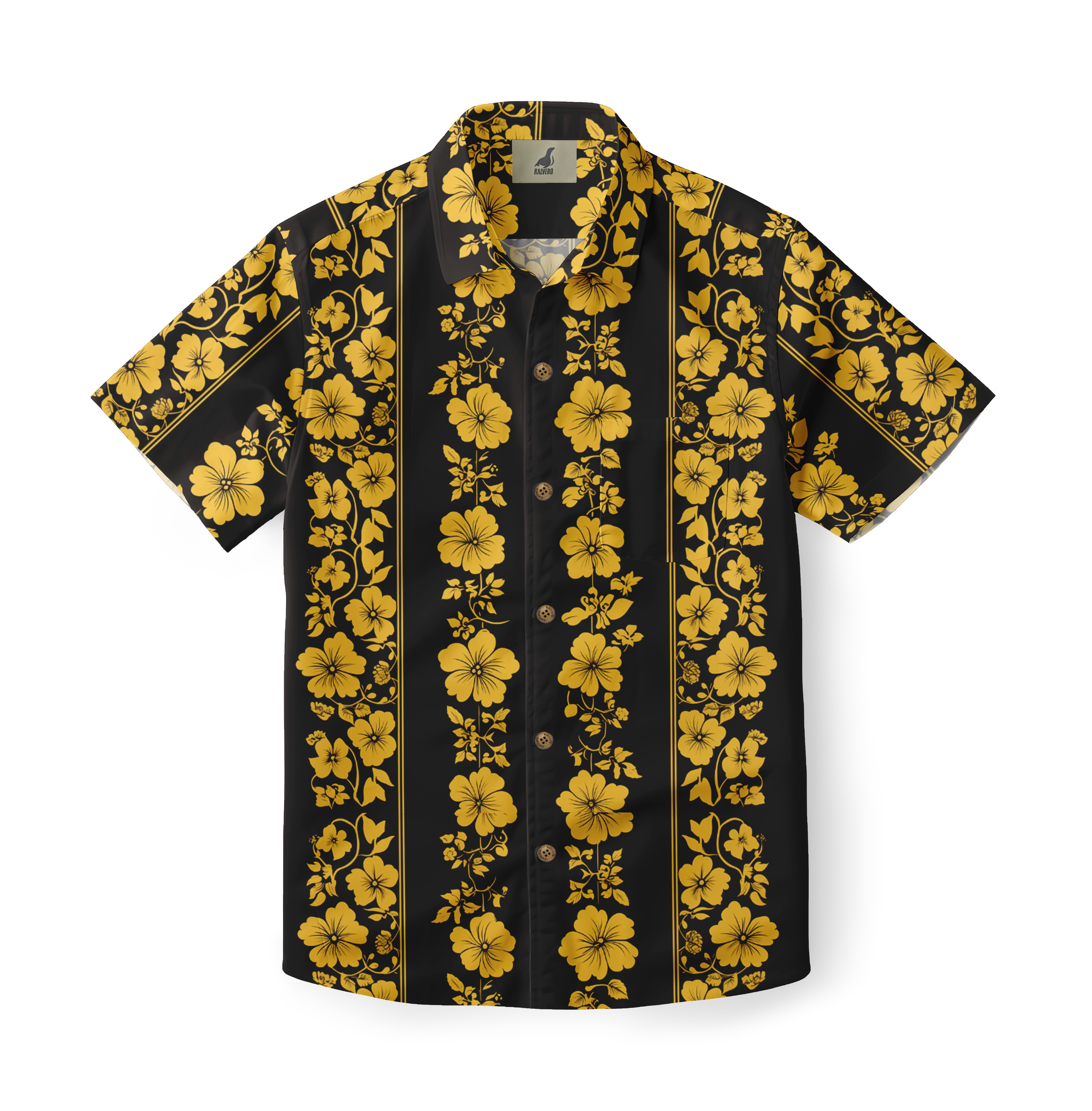 Black short-sleeve shirt with gold floral pattern and button-down.