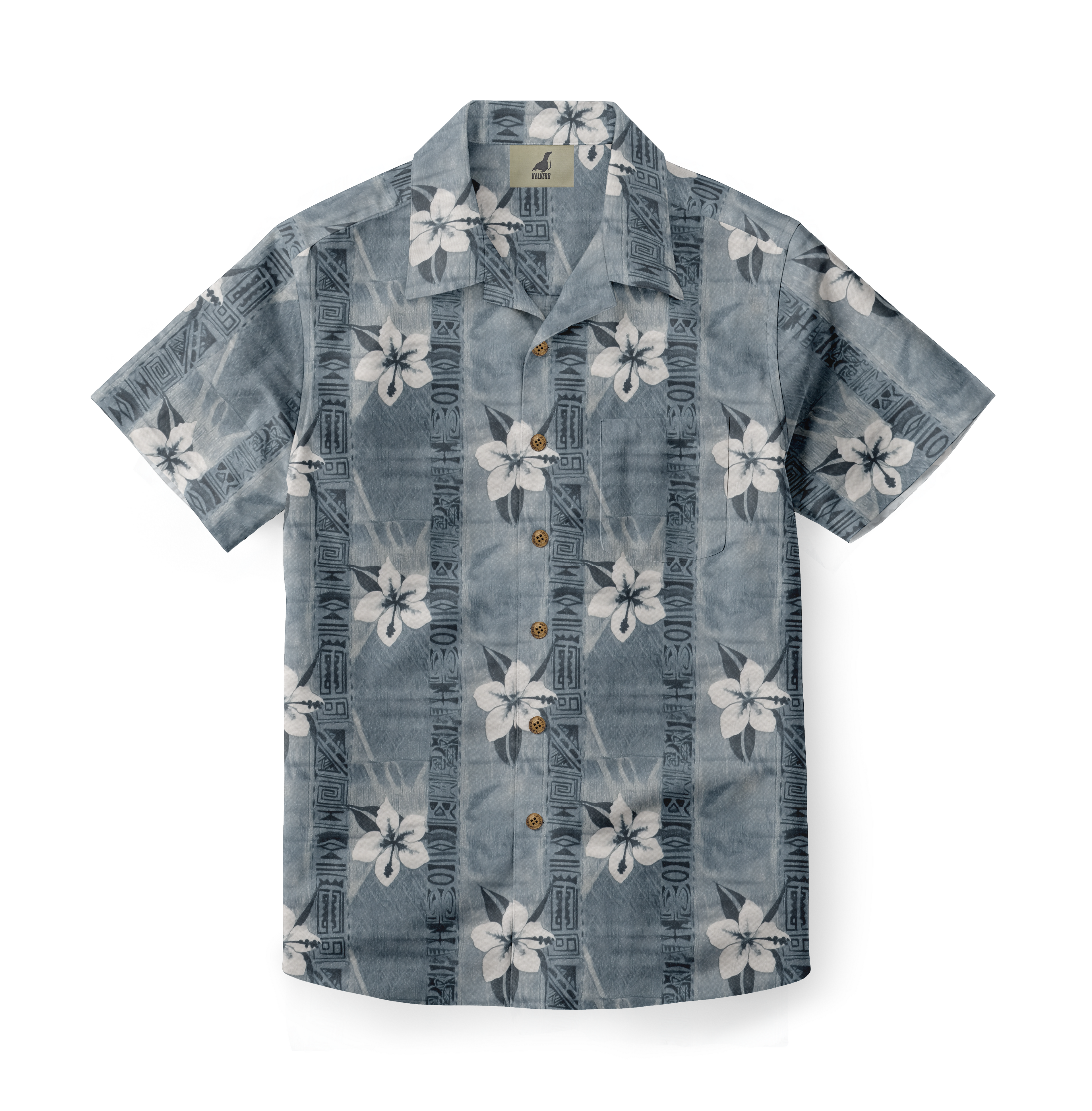 Blue Hawaiian shirt with white flowers and geometric patterns.