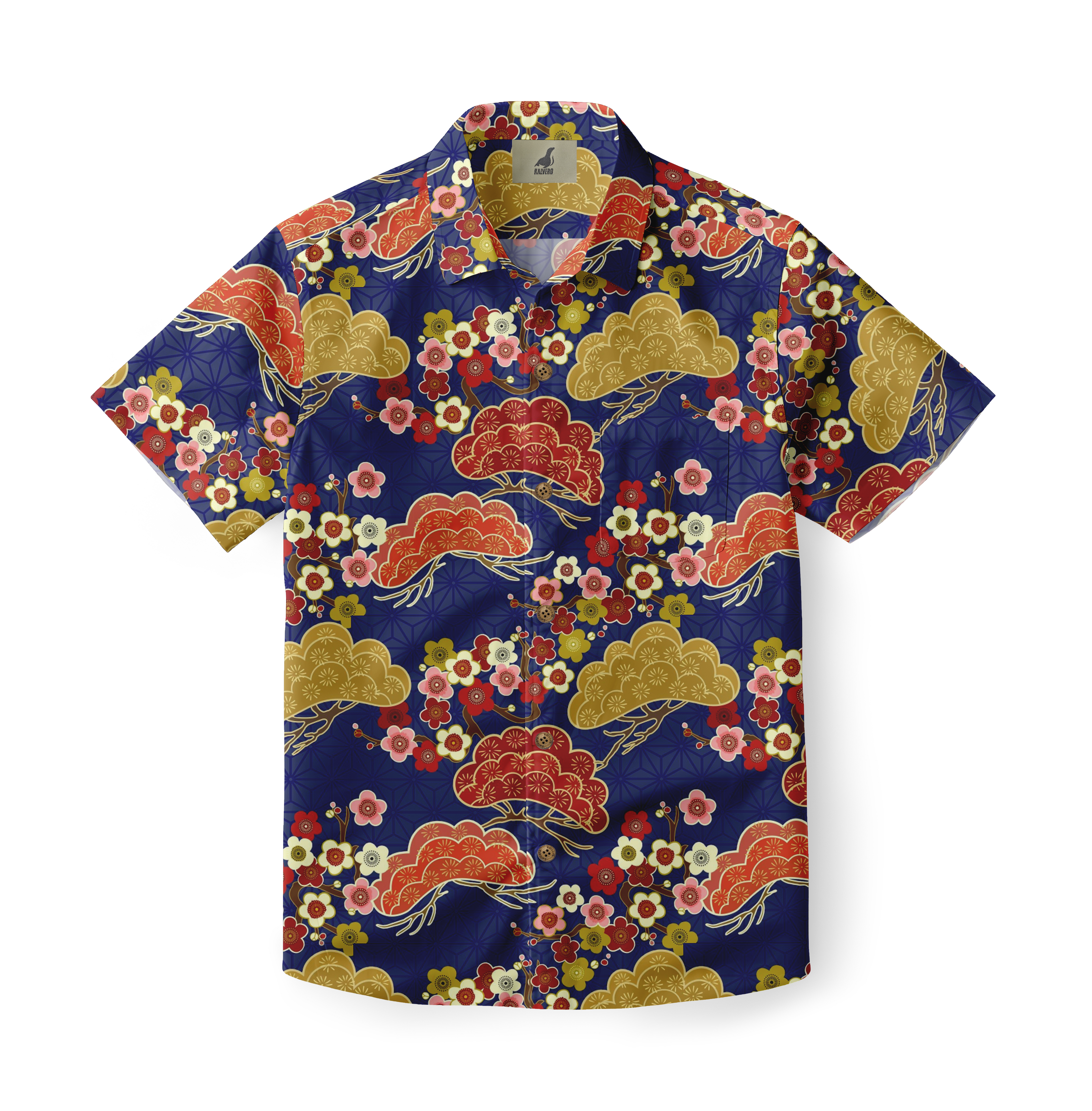Blue shirt with red, gold clouds and floral pattern.