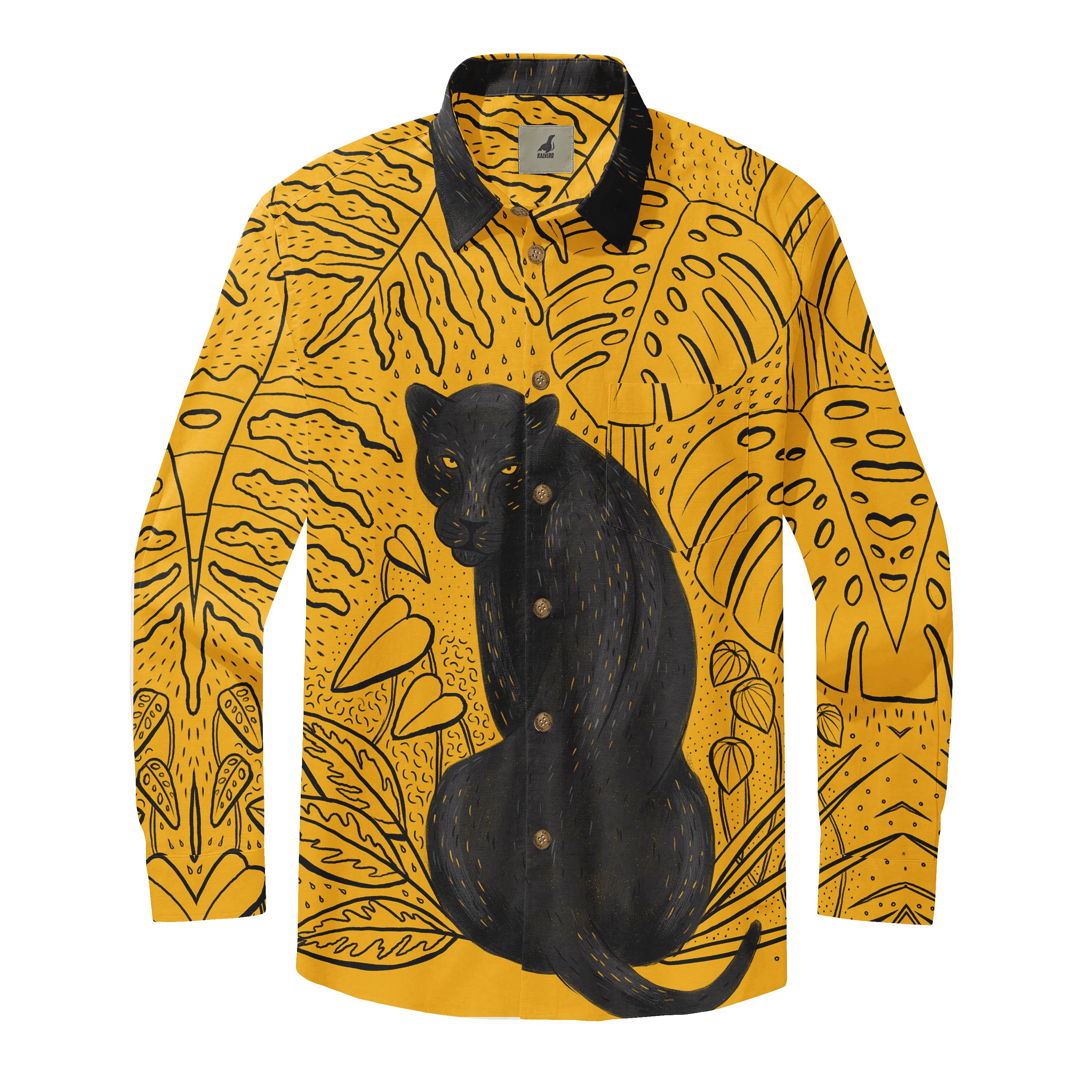 Yellow shirt with black panther and tropical leaf pattern, black.