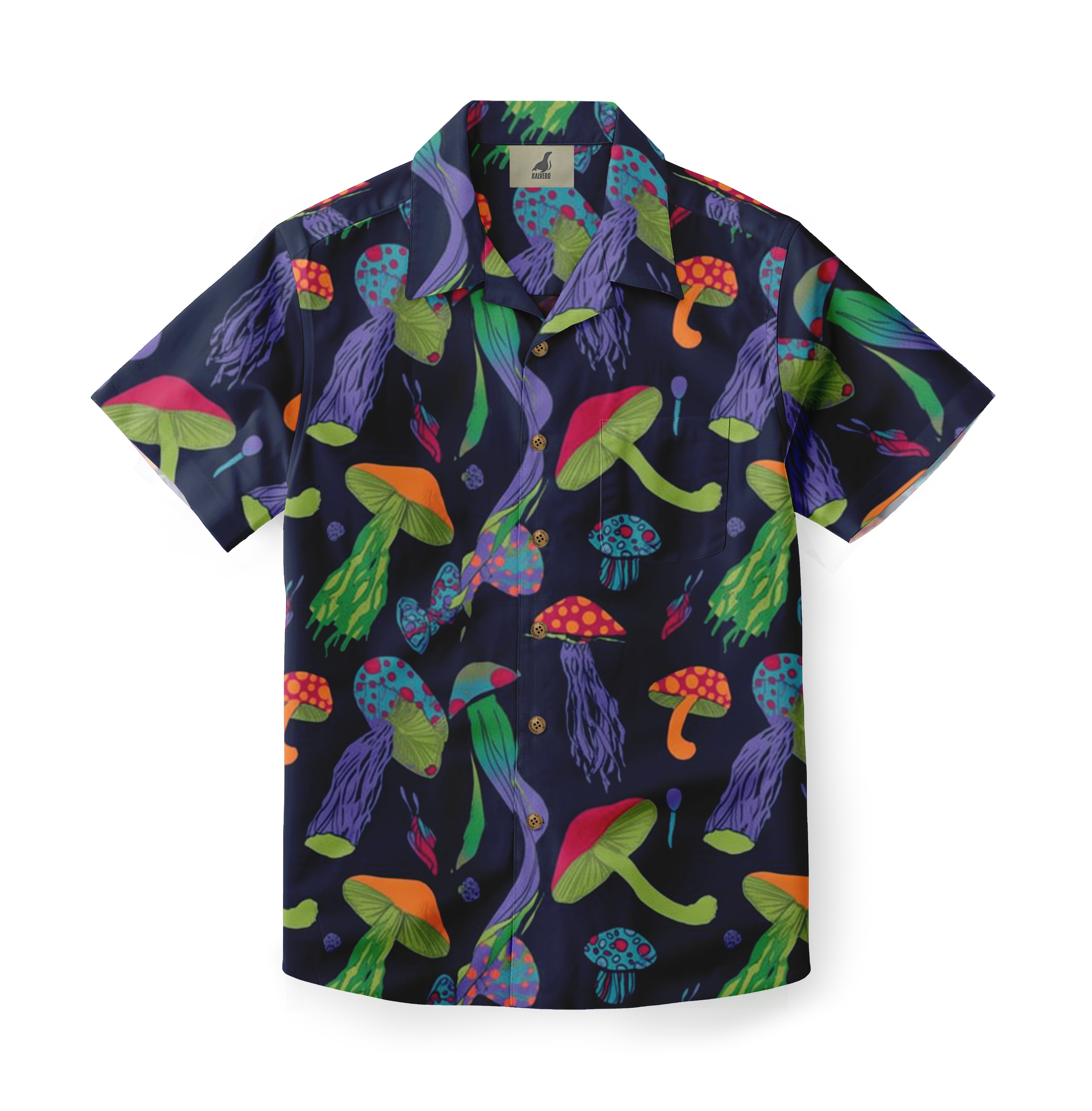 Vibrant mushroom-patterned short-sleeve shirt with colorful fungi.