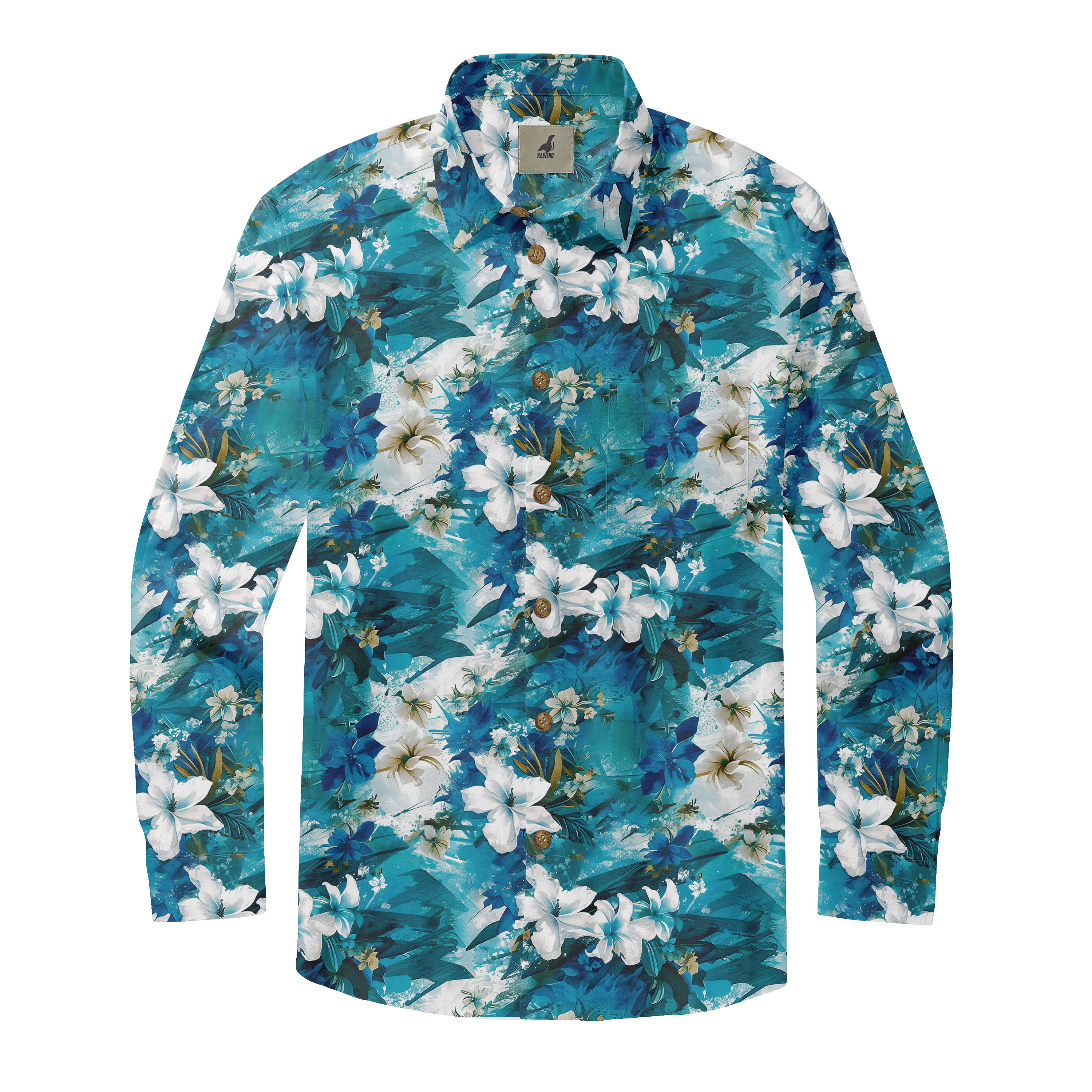 Blue floral long-sleeve shirt with white and blue flowers, green.