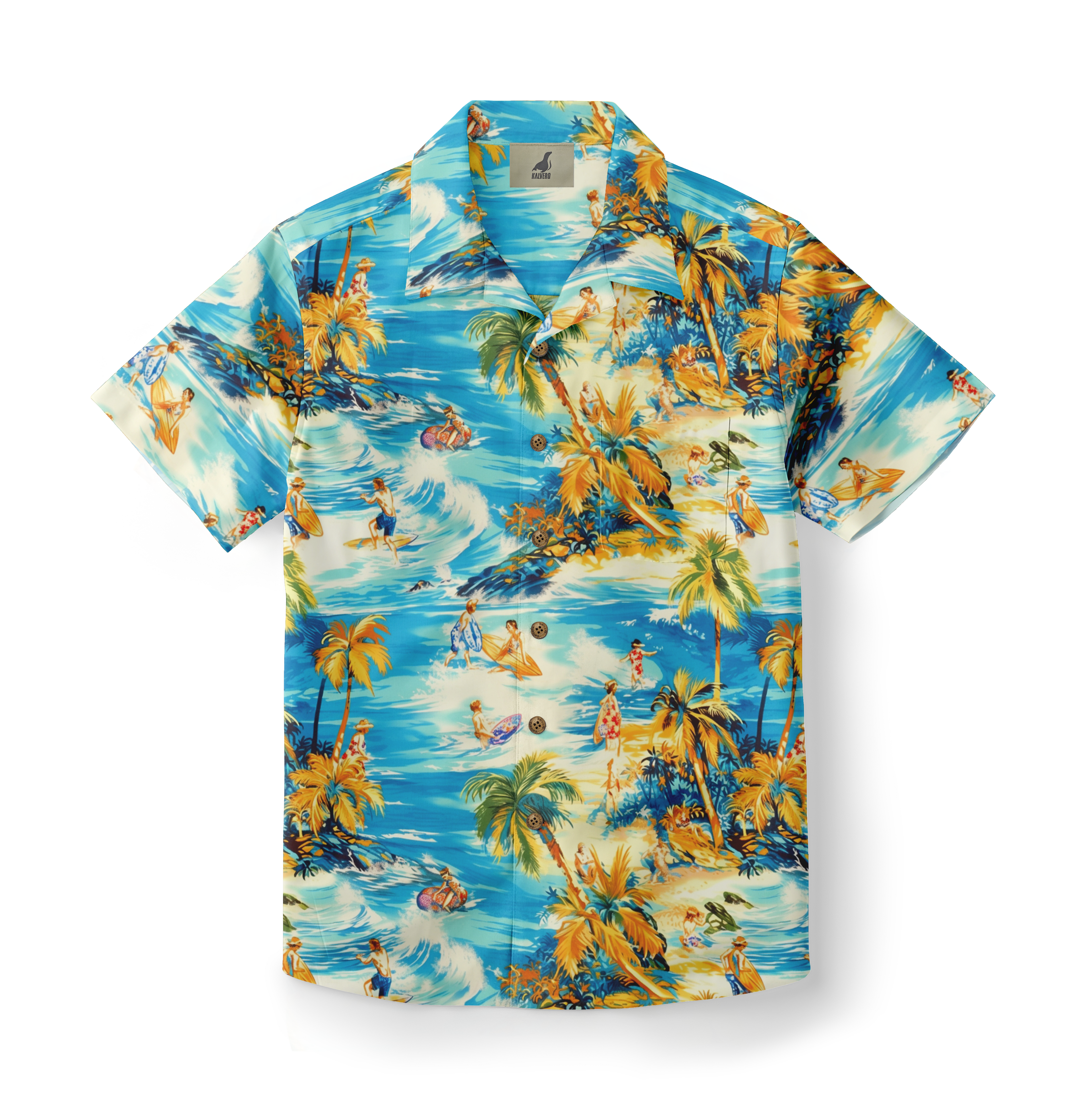Vibrant Hawaiian shirt with surfers, palm trees, and ocean waves.
