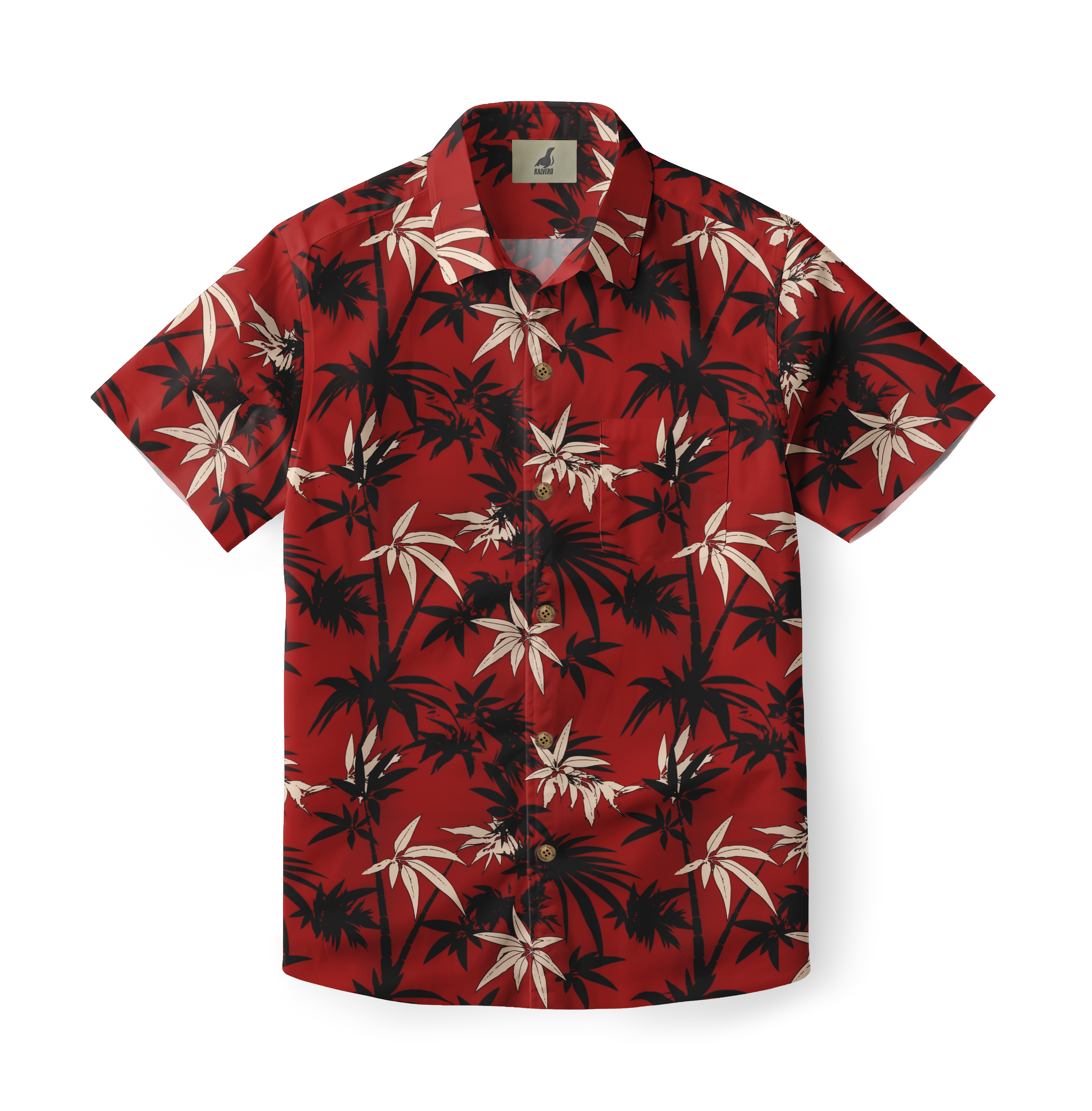 Red Hawaiian shirt with black and white palm tree pattern, short.