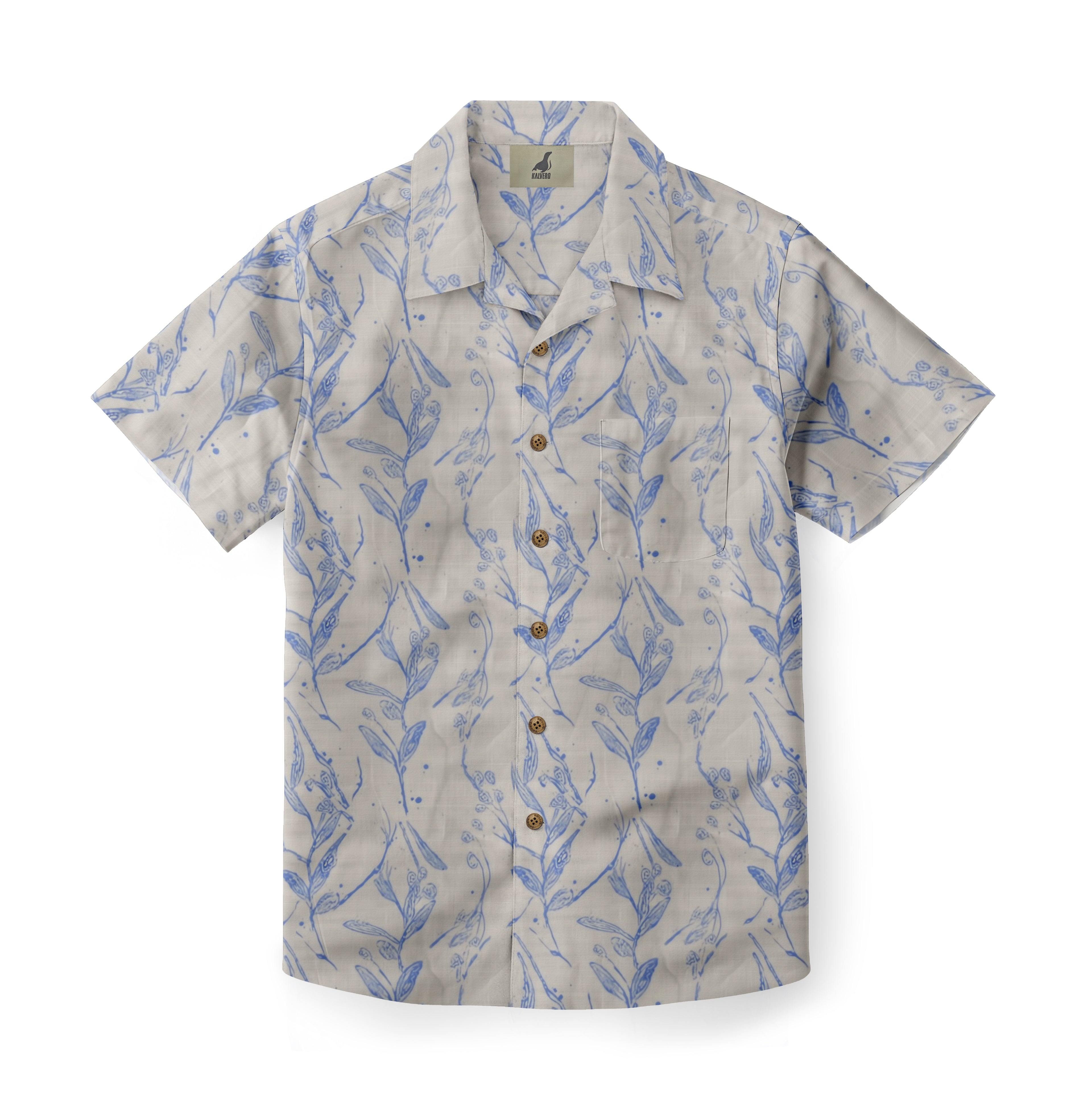 Light gray short-sleeve shirt with blue floral pattern, button-down.