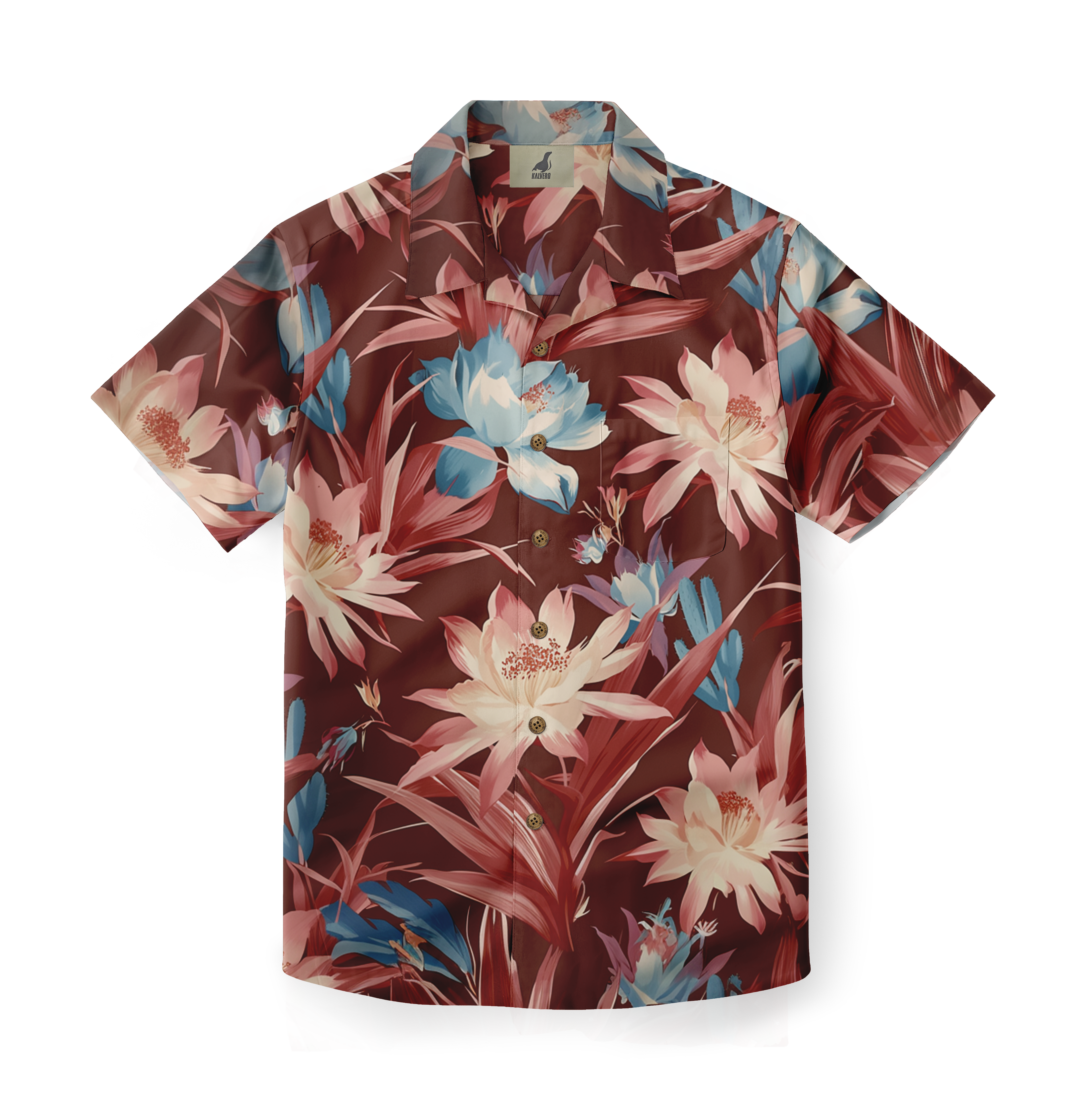 A vibrant floral Hawaiian shirt with bold pink, blue, and white.