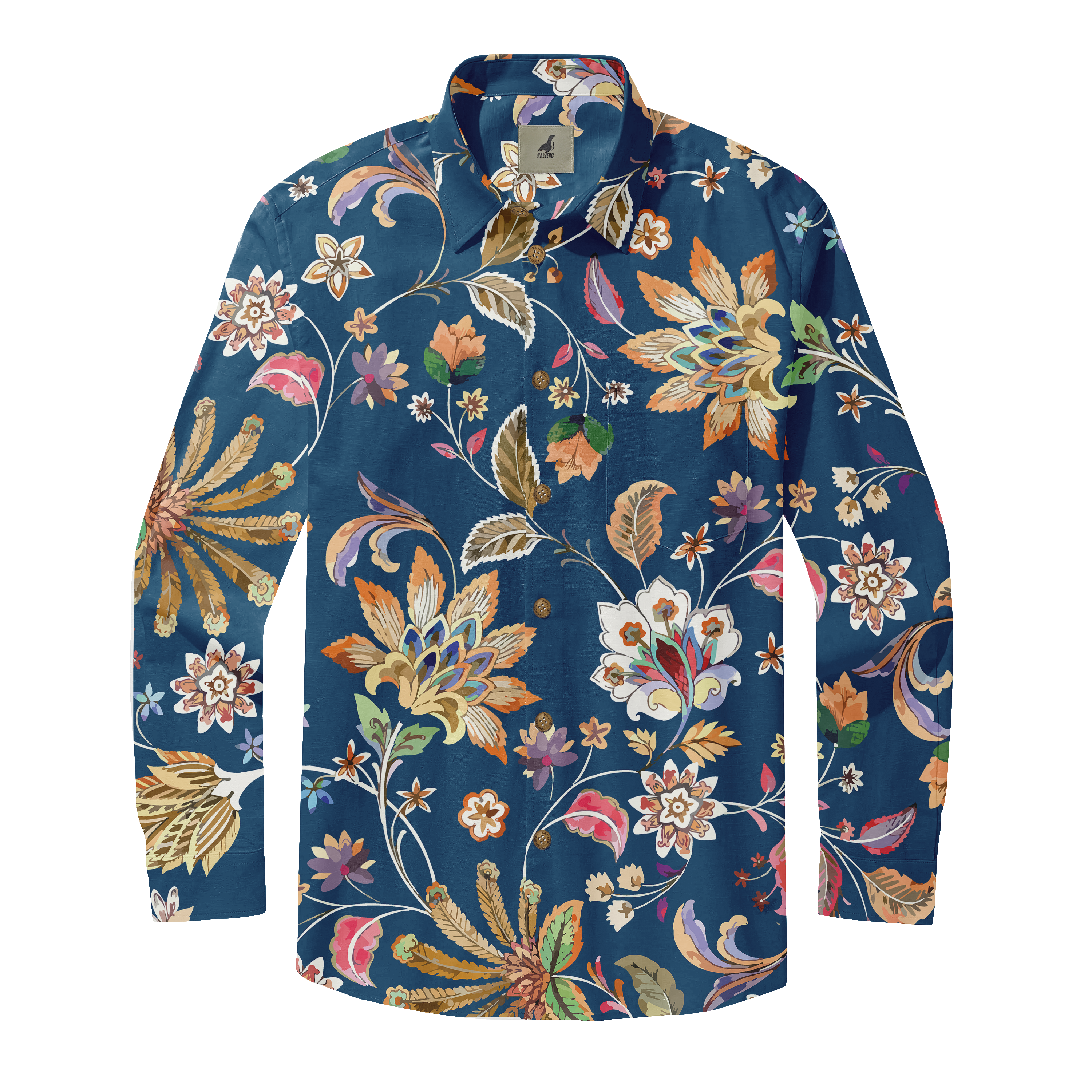 Navy blue long-sleeve shirt with vibrant floral pattern in orange.