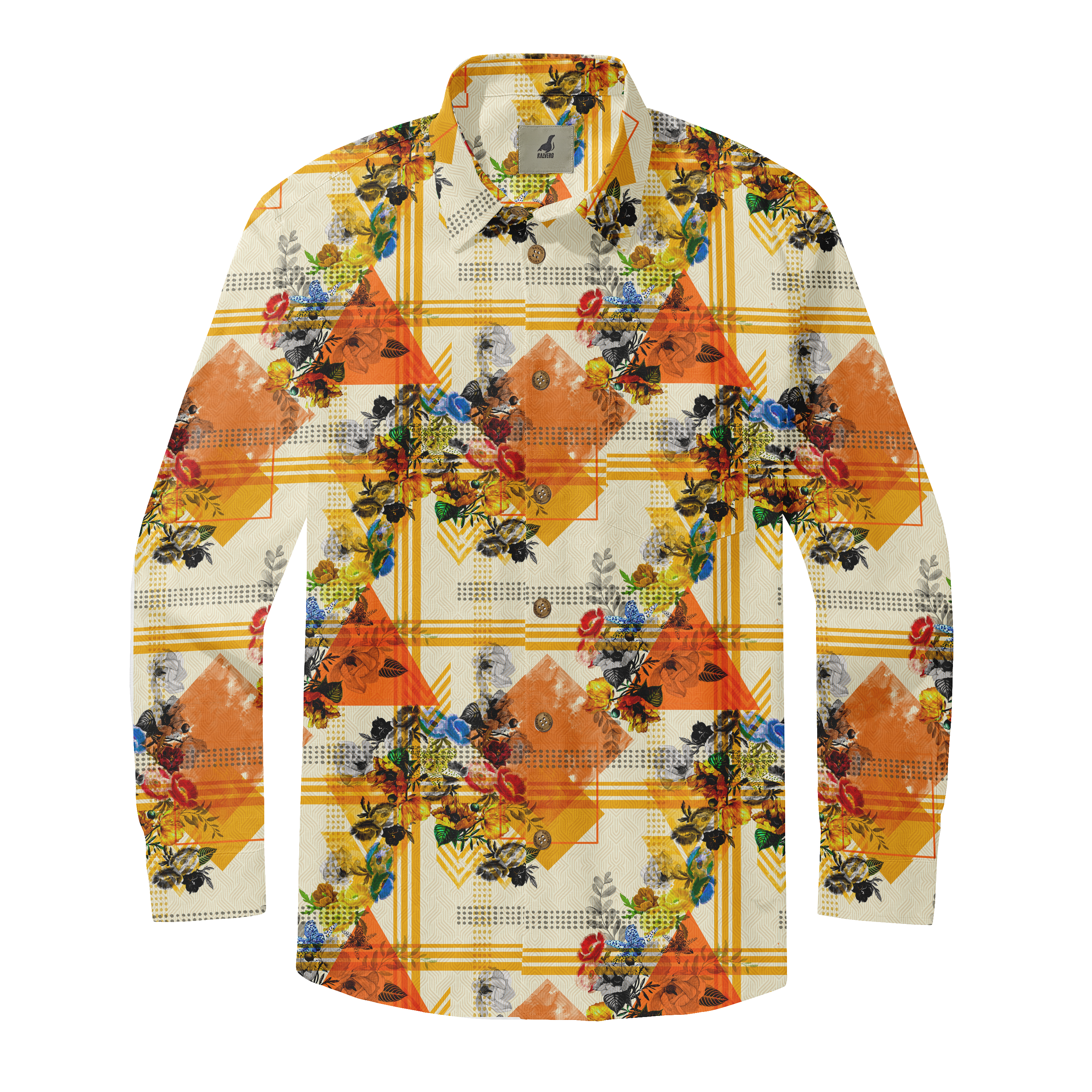 Vibrant floral and geometric patterned long-sleeve shirt with orange.