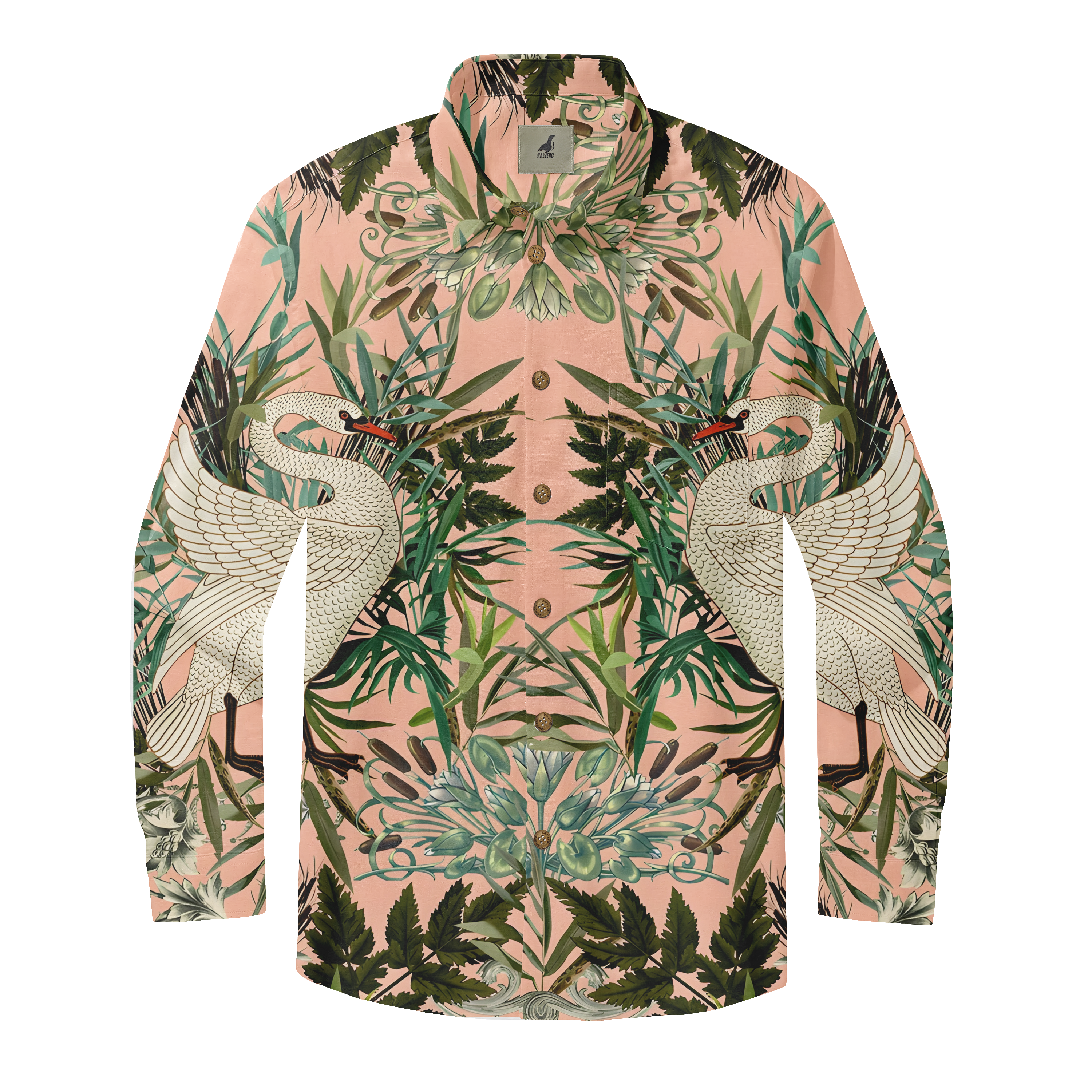 A long-sleeve shirt with a pink background featuring white birds.