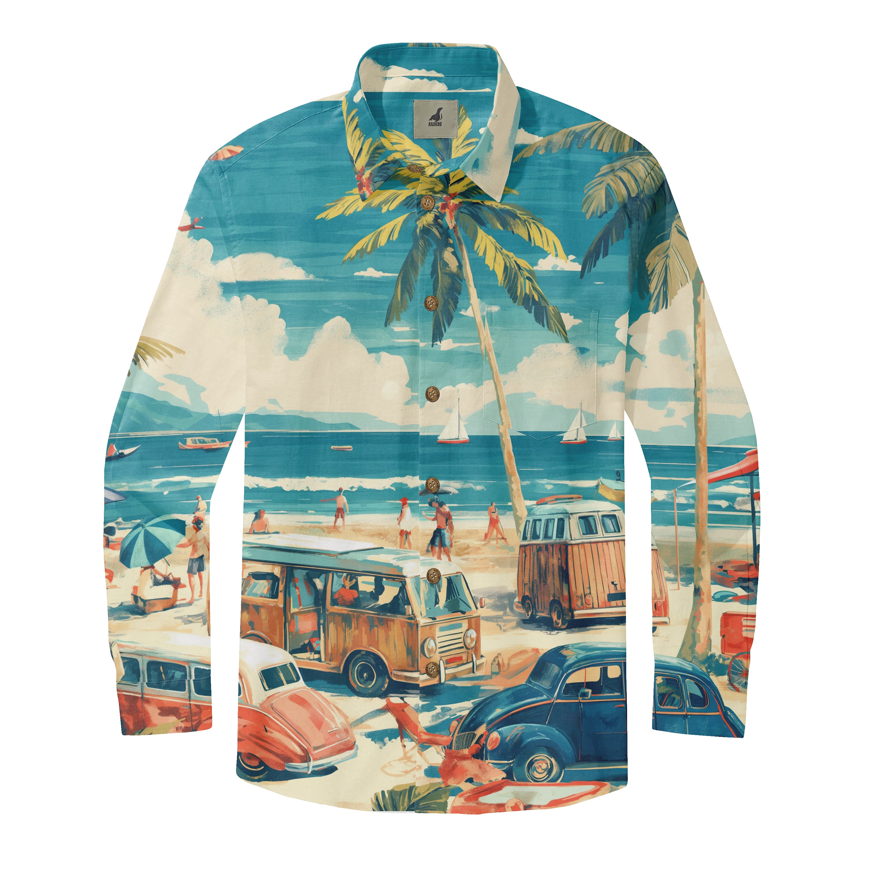 Vibrant tropical shirt with beach scene, palm trees, vintage cars.