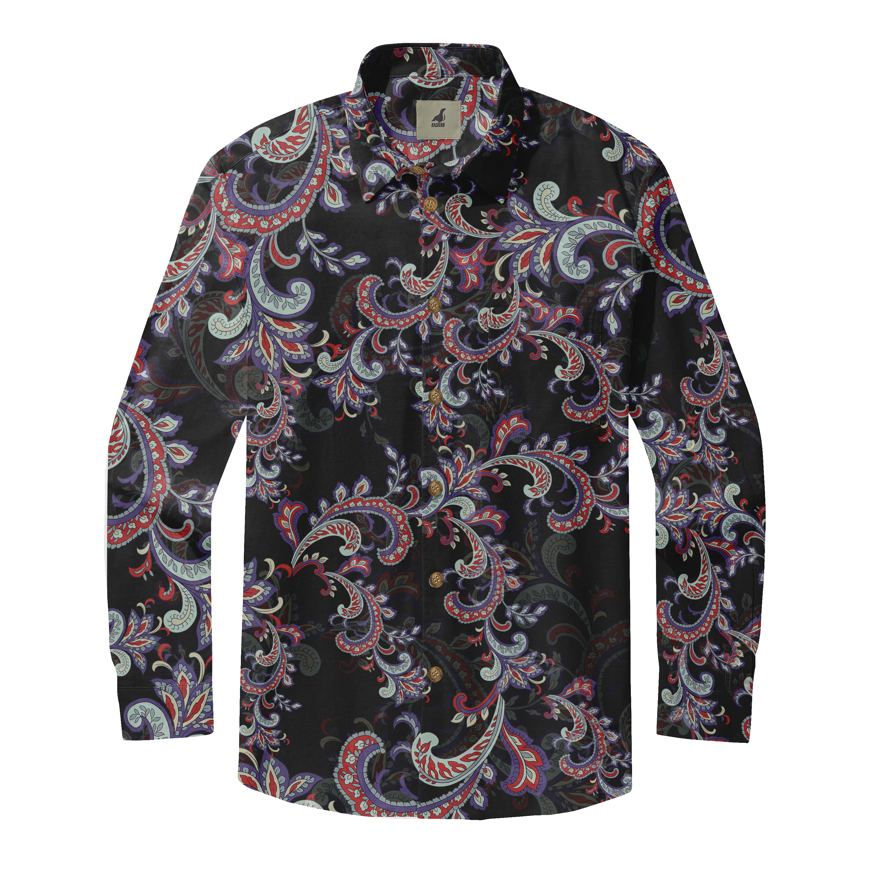 Black long-sleeve shirt with vibrant paisley pattern in red, purple.
