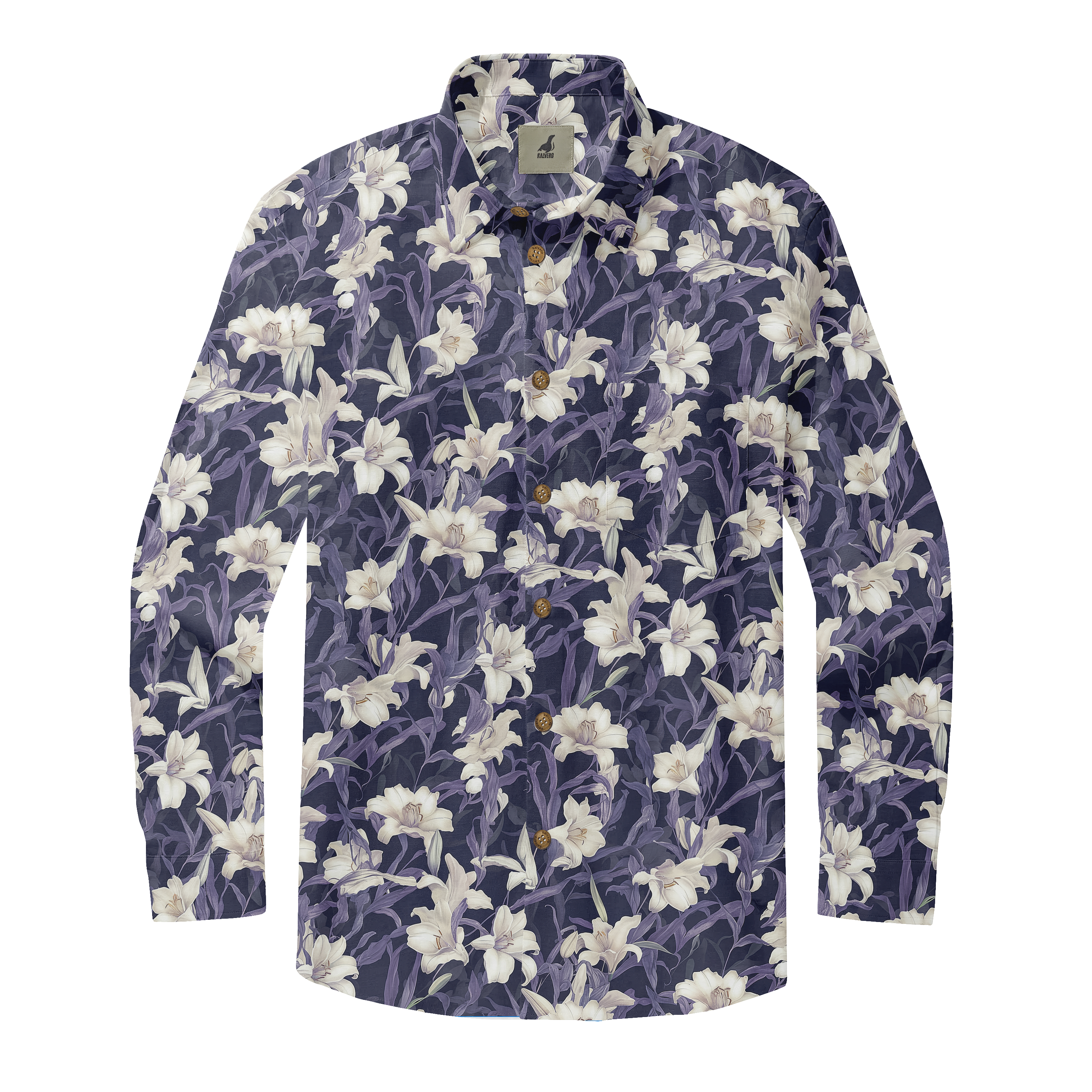 Dark blue shirt with white floral pattern, long sleeves, and wooden.
