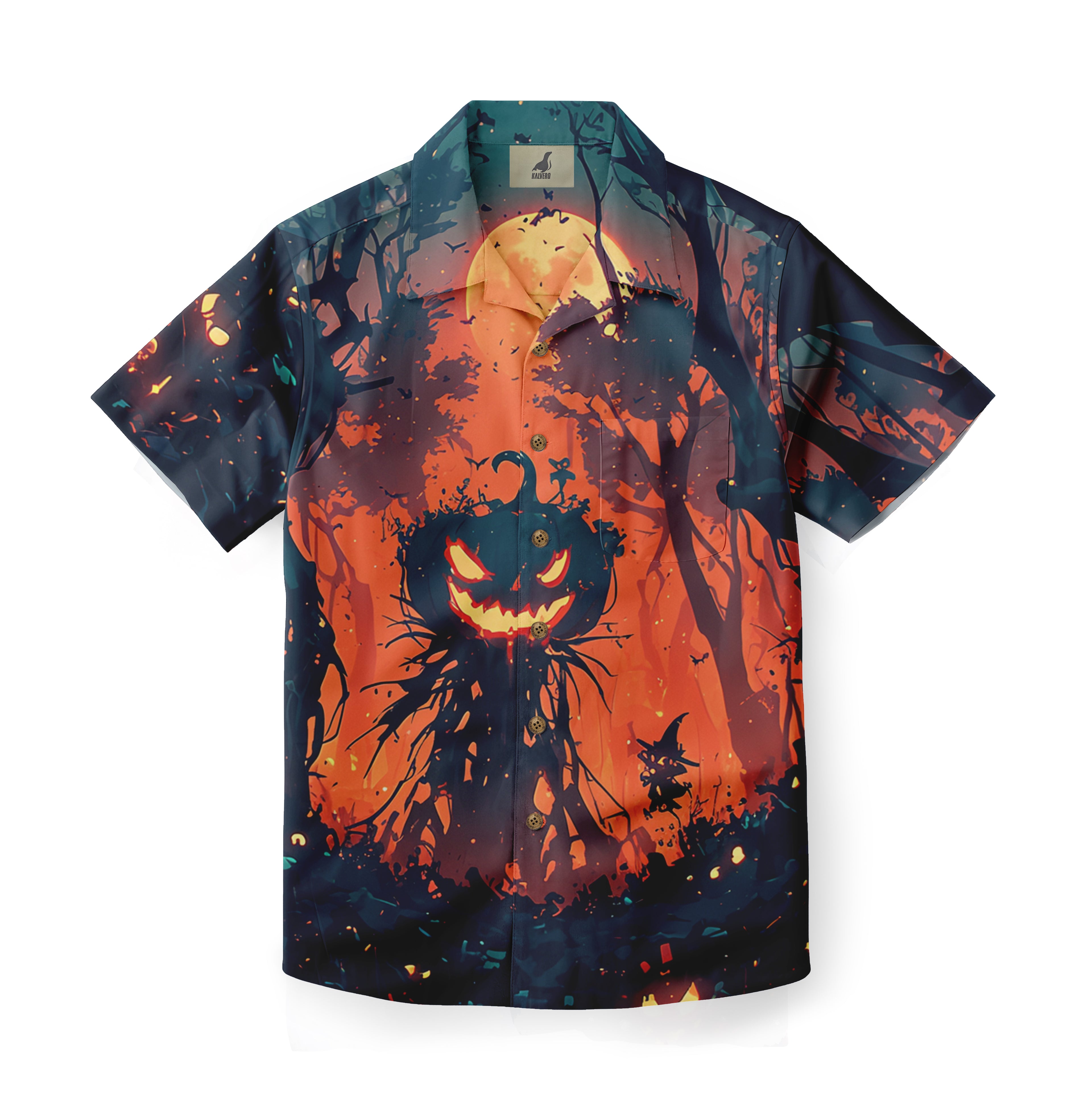 Halloween-themed shirt with pumpkin, bats, and full moon design.