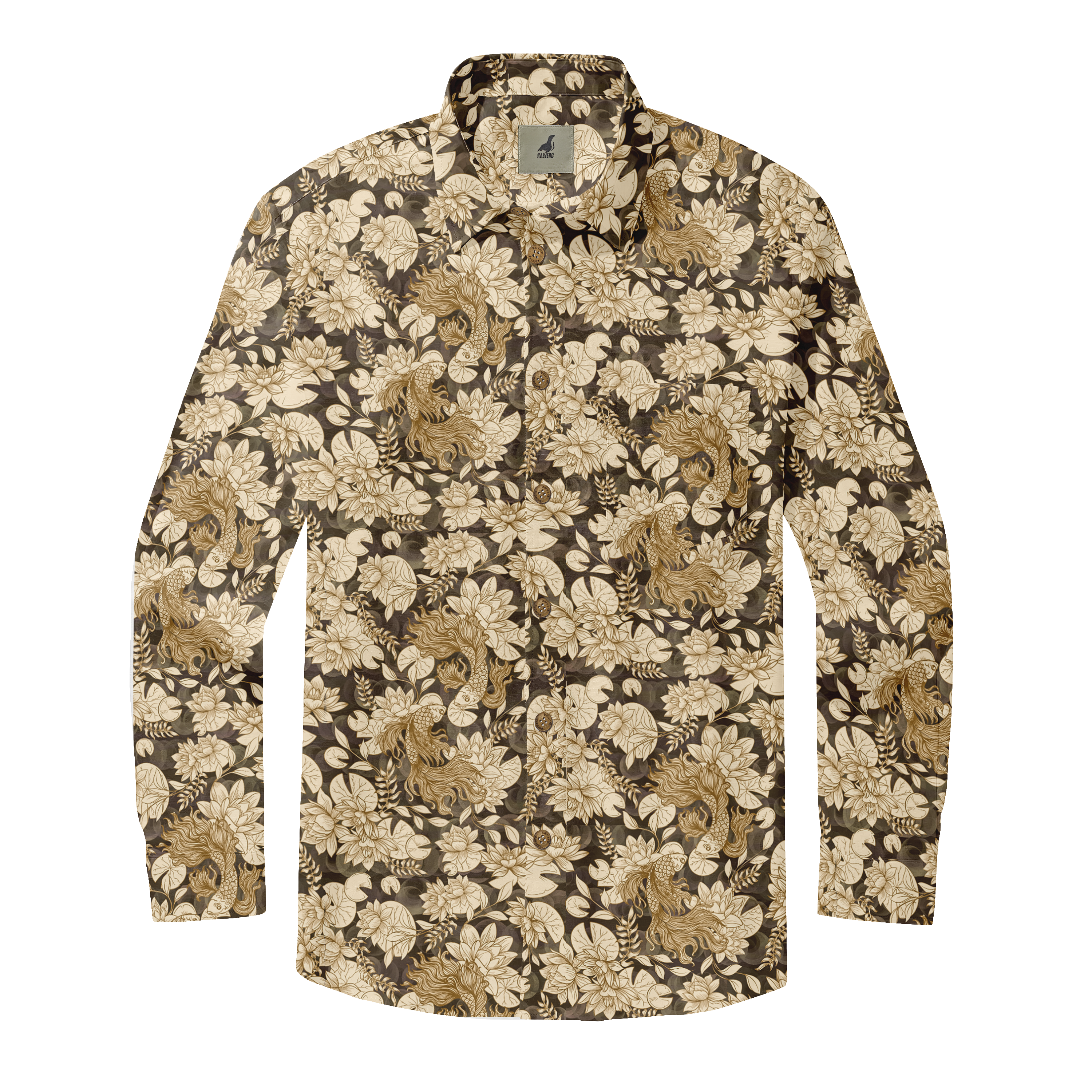 Brown floral patterned long-sleeve shirt with dragon motifs.